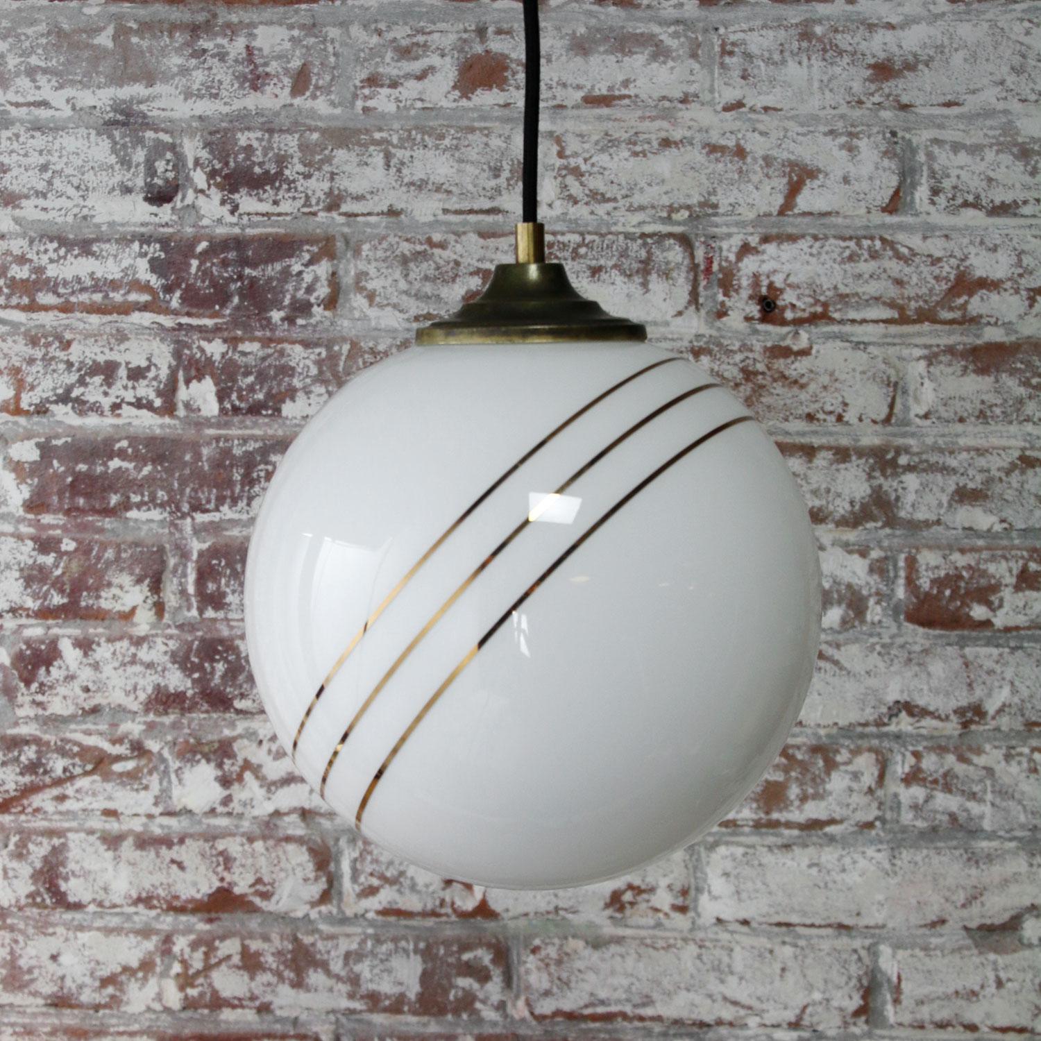 Opaline Glass Gold Striped Vintage European Globe Brass Top Pendant Lights In Good Condition In Amsterdam, NL