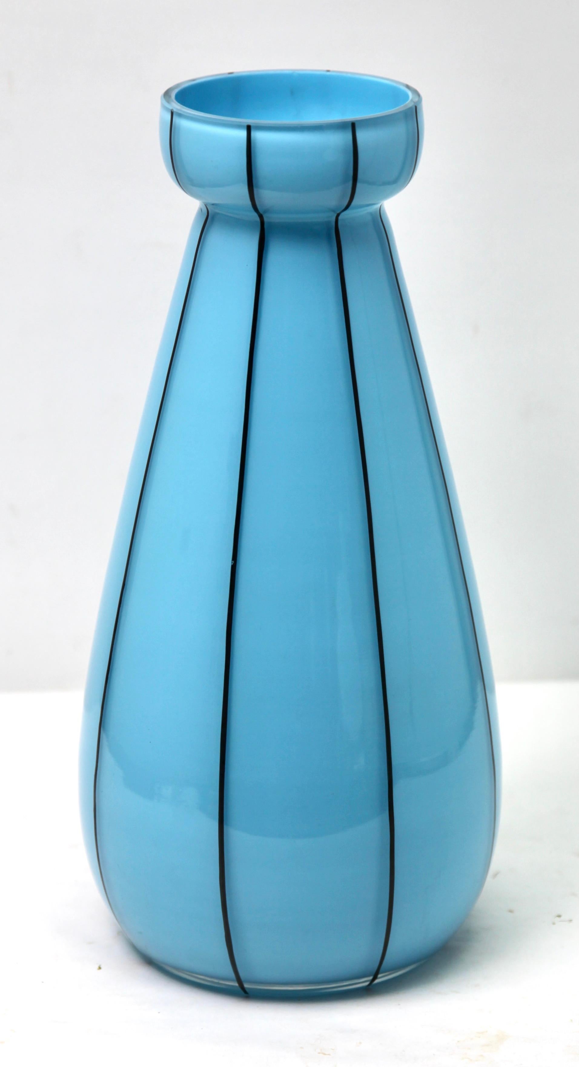 Mid-Century Modern Opaline Glass 'hand painted decorated' Vases in Baby Blue, France For Sale