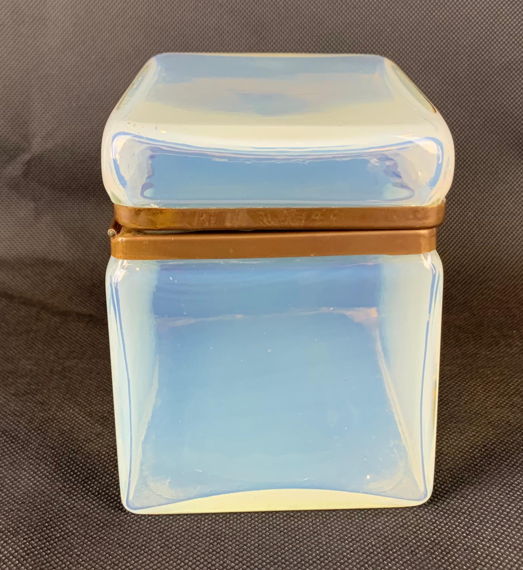 19th Century Opaline Glass Hinged Box with an Opalescent Finish and Gilt Frame