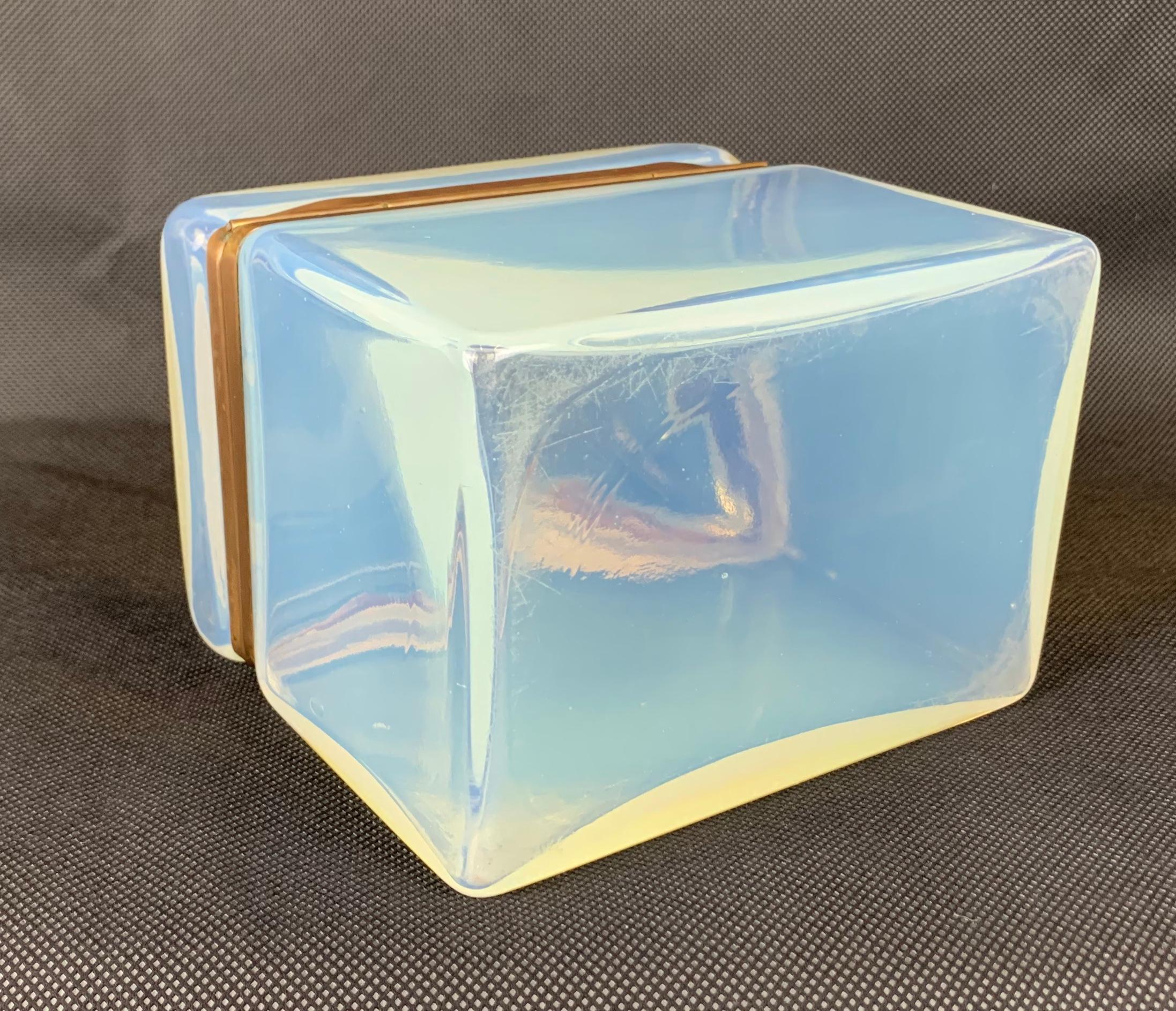 Metal Opaline Glass Hinged Box with an Opalescent Finish and Gilt Frame