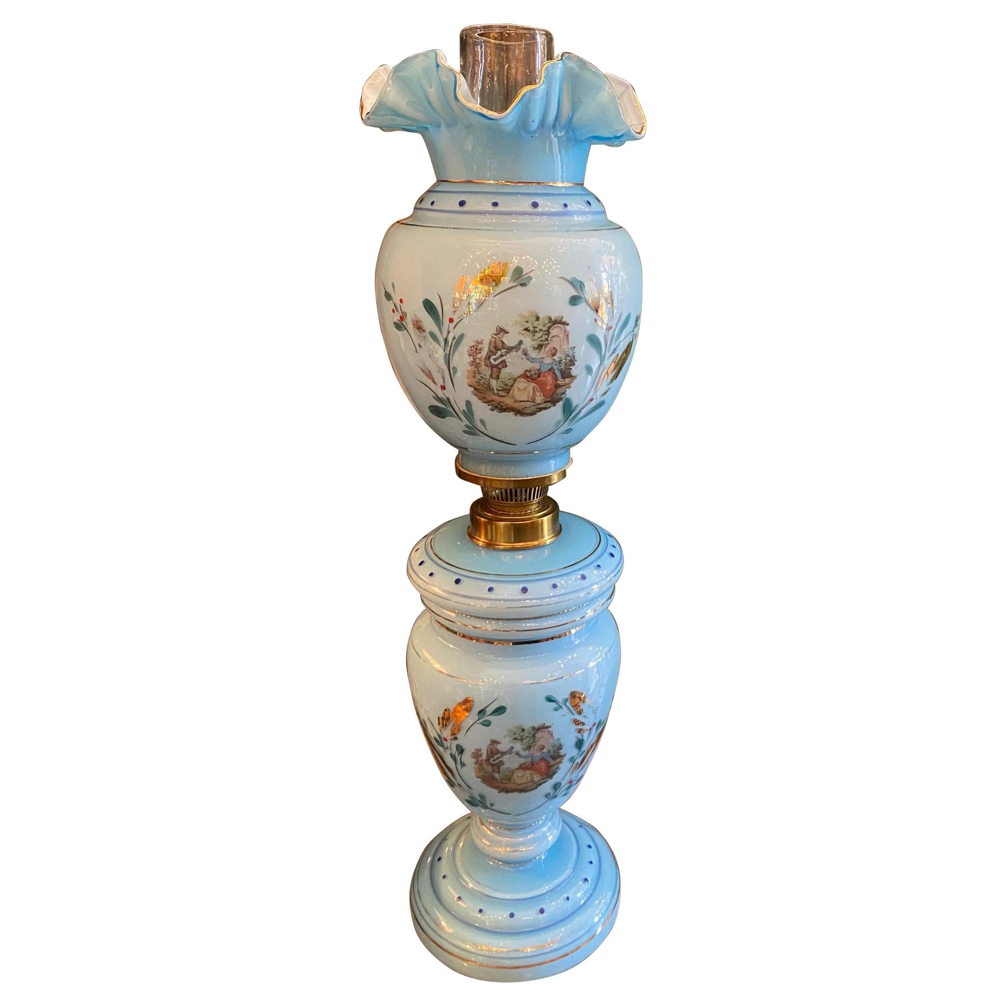 Blue Opaline Glass Side Table Mood Soft Light Lamp Vase Urn Form Decorative CA