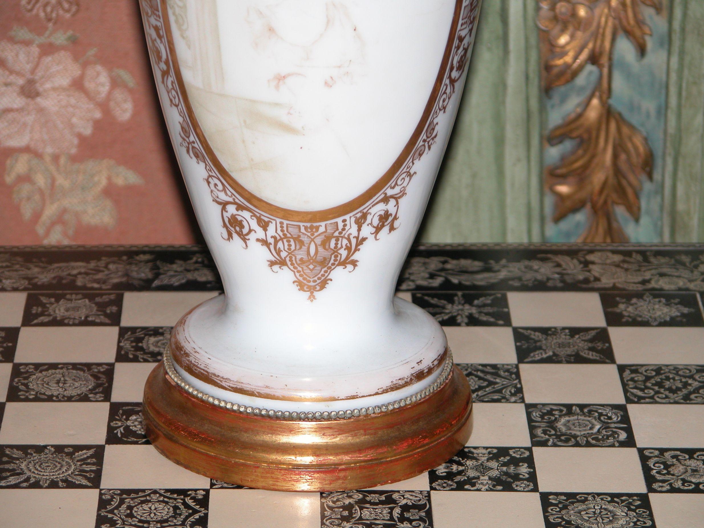 19th Century Opaline Glass Urn Lamp with Gold Decorations, circa 1860 For Sale