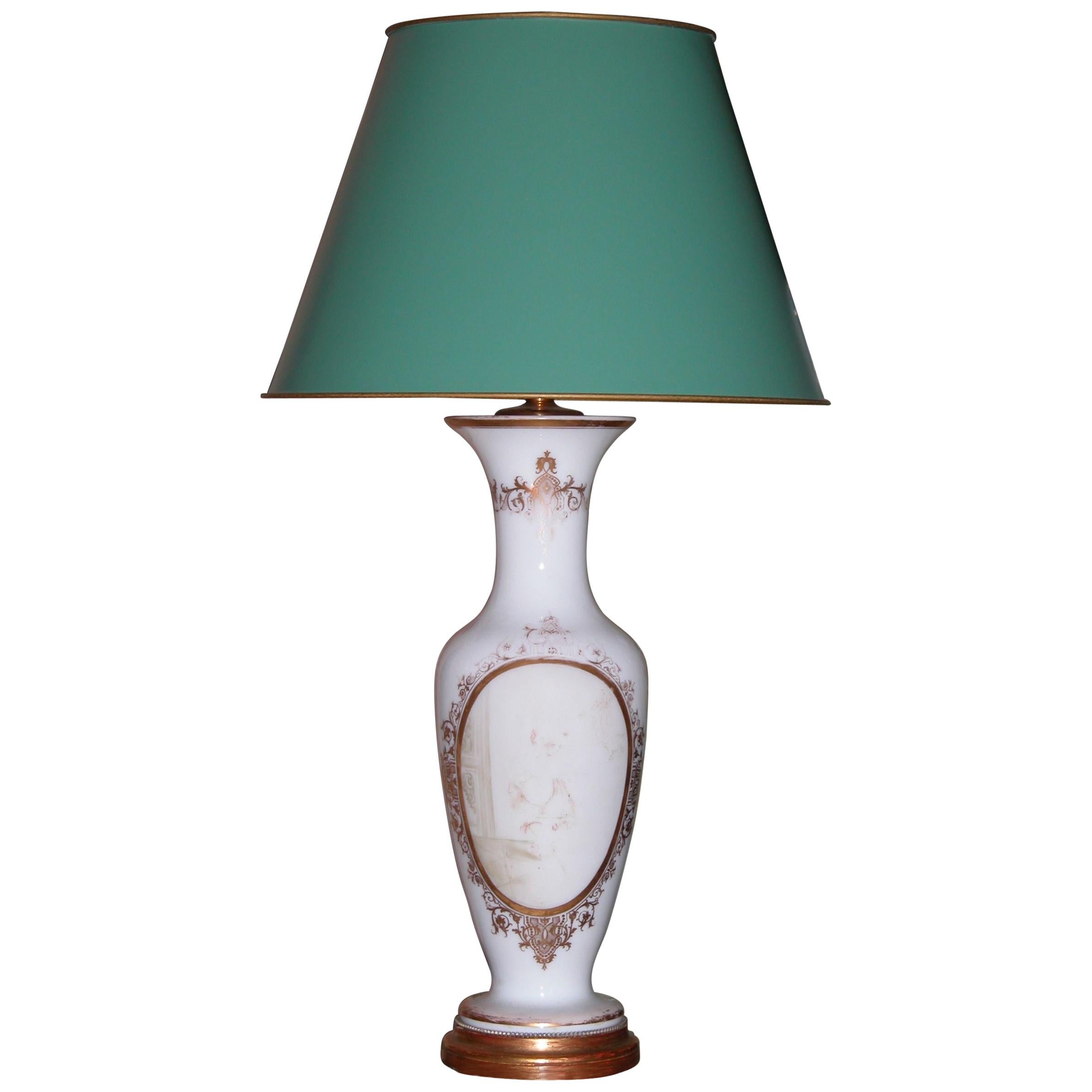 Opaline Glass Urn Lamp with Gold Decorations, circa 1860 For Sale at