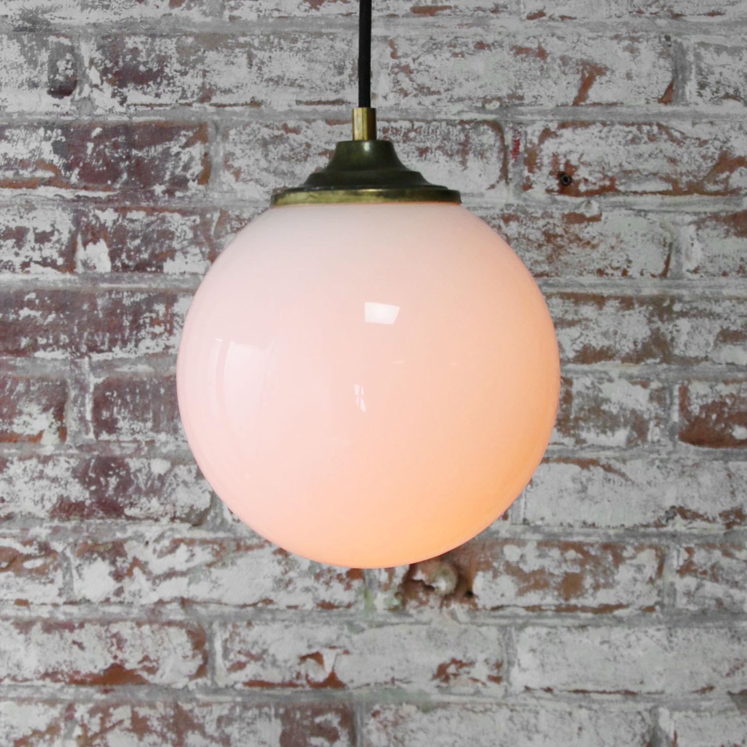 Dutch Opaline Glass Vintage European Globe Brass Top Pendant Lights