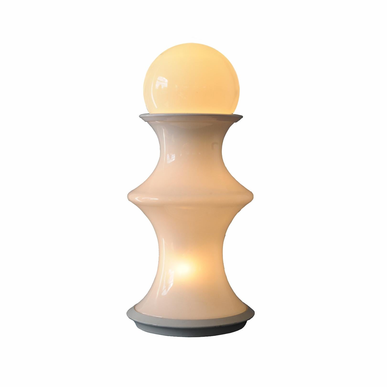 High quality thick opaline glass with removable sphere chess inspired lamp, named white foot soldier.
The lamp has a dimmer with possibility of combining illumination of body part of the lamp or the sphere on top or both.
 