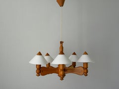 Opaline Glass & Wood Frame 5-Head Ceiling Lamp, 1970s, Germany