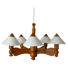 Opaline Glass & Wood Frame 5-Head Ceiling Lamp, 1970s, Germany