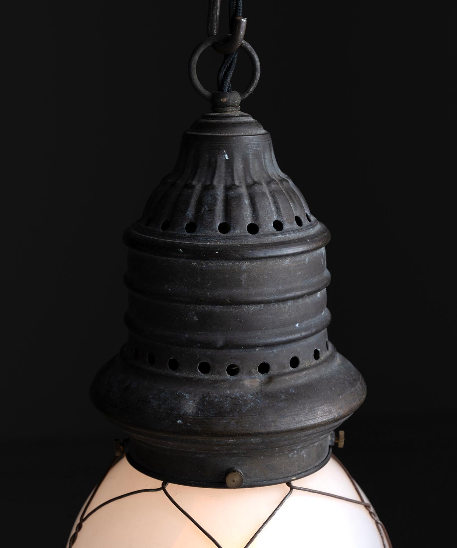 Dutch Opaline Globe Caged Pendants, Netherlands, circa 1930