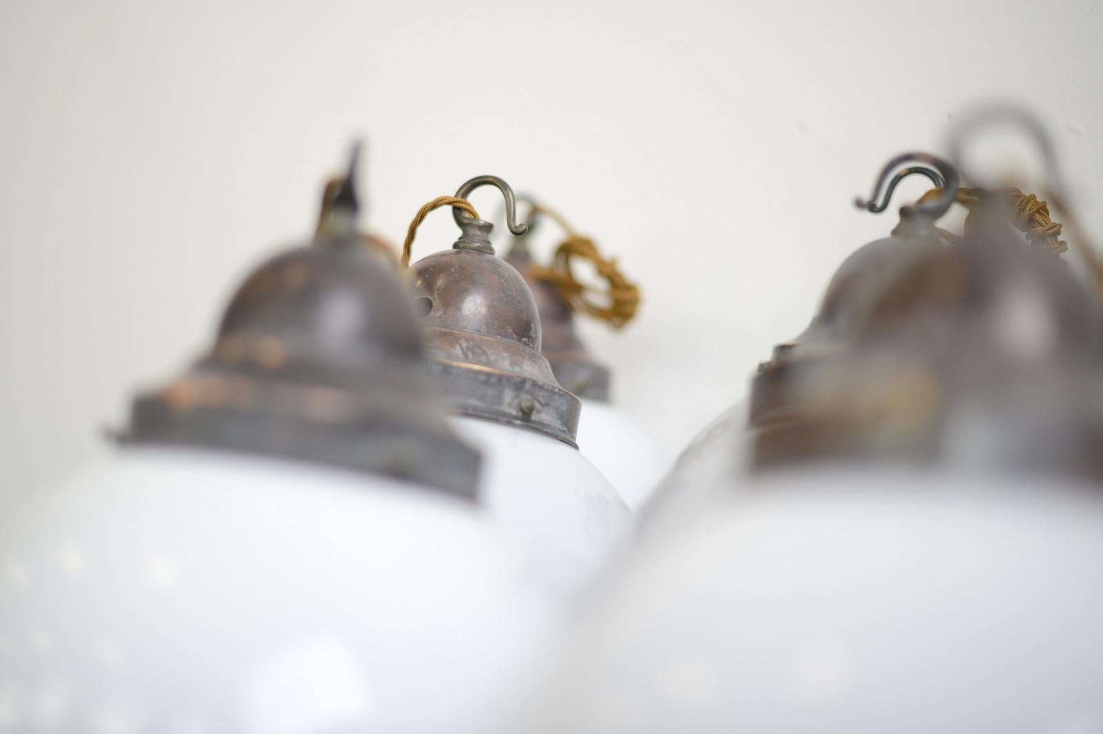 Mid-20th Century Opaline Globe Pendant Lights, circa 1930s