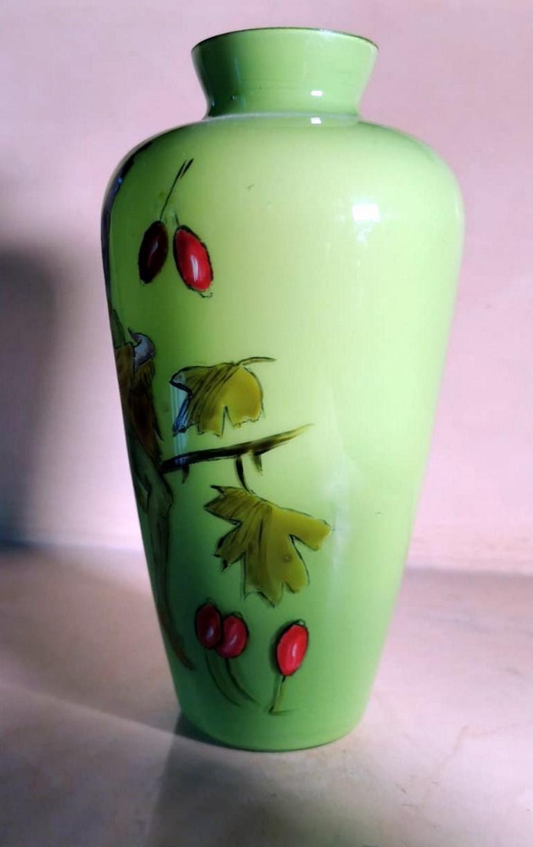 20th Century Opaline Green Pair of French Glass Jars with Hand Painted Sprites For Sale