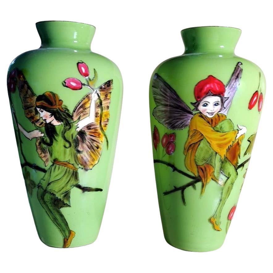 Opaline Green Pair of French Glass Jars with Hand Painted Sprites