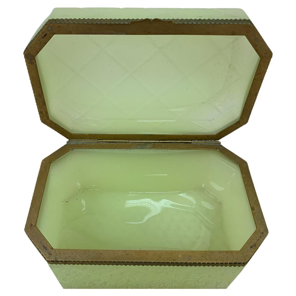 European Opaline Lime Green Box with Gilt Bronze Motif, Circa 1850