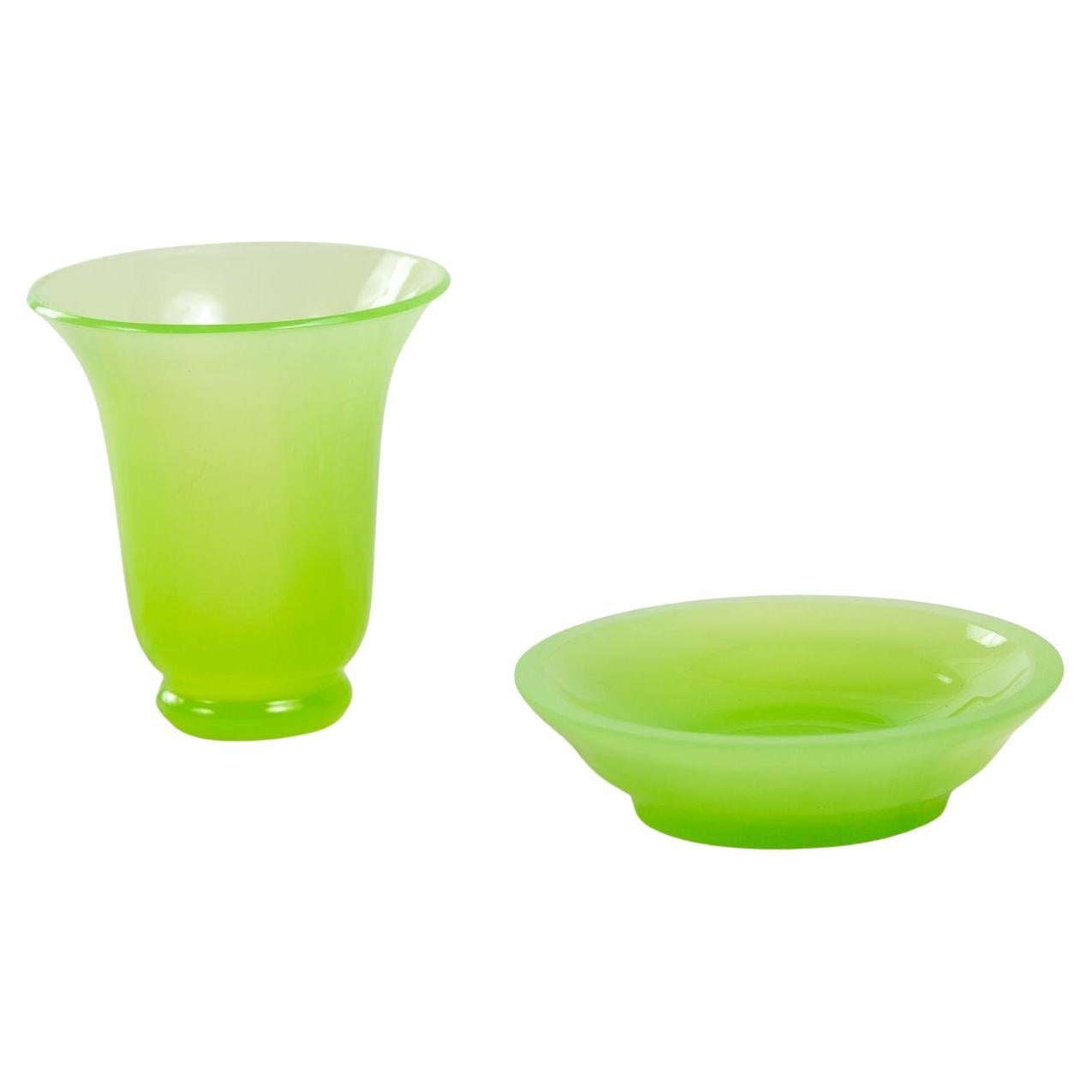 Opaline Lime Green Glass Vase and Dish, France 1920s
