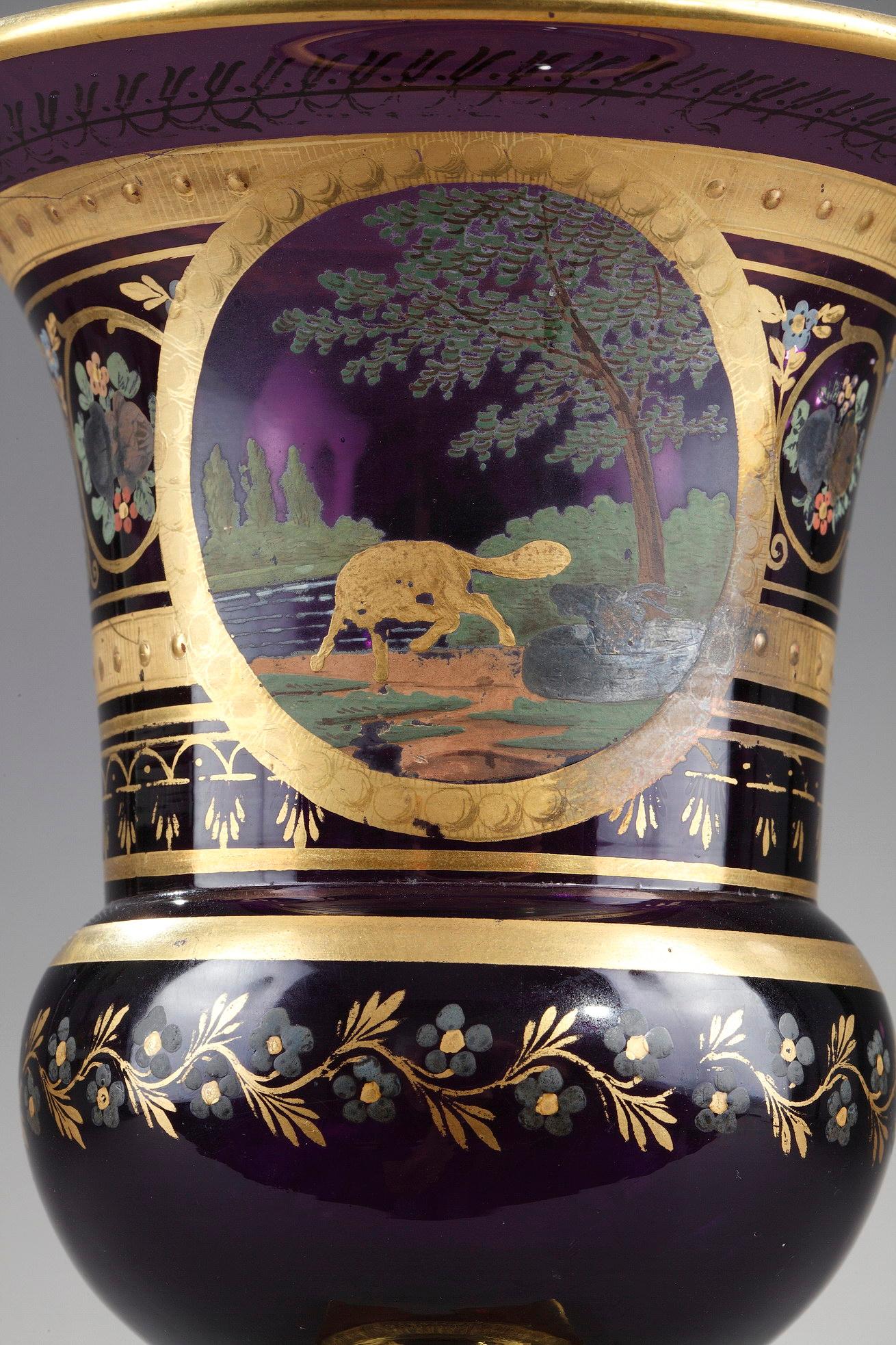 Charles X Opaline Medicis vase Iinspired by la Fontaine fable the fox and the goat For Sale