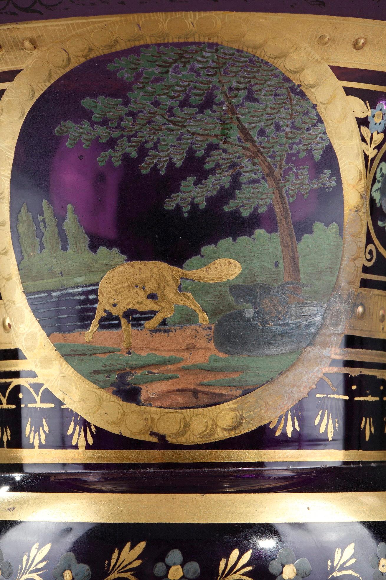 French Opaline Medicis vase Iinspired by la Fontaine fable the fox and the goat For Sale