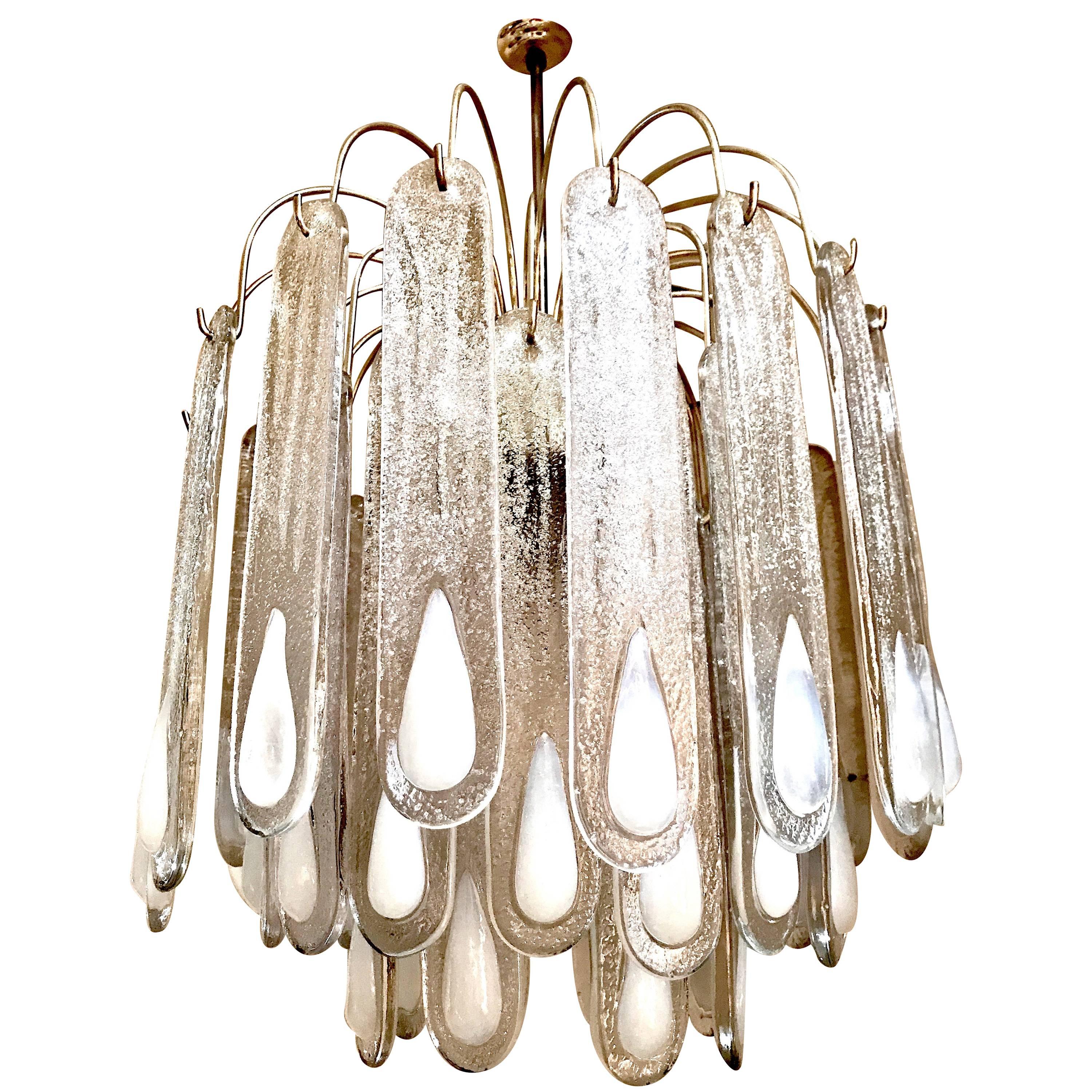 Opaline Mid-Century Modern Chandelier Glass Leaves with Gilt Frame, Austria For Sale