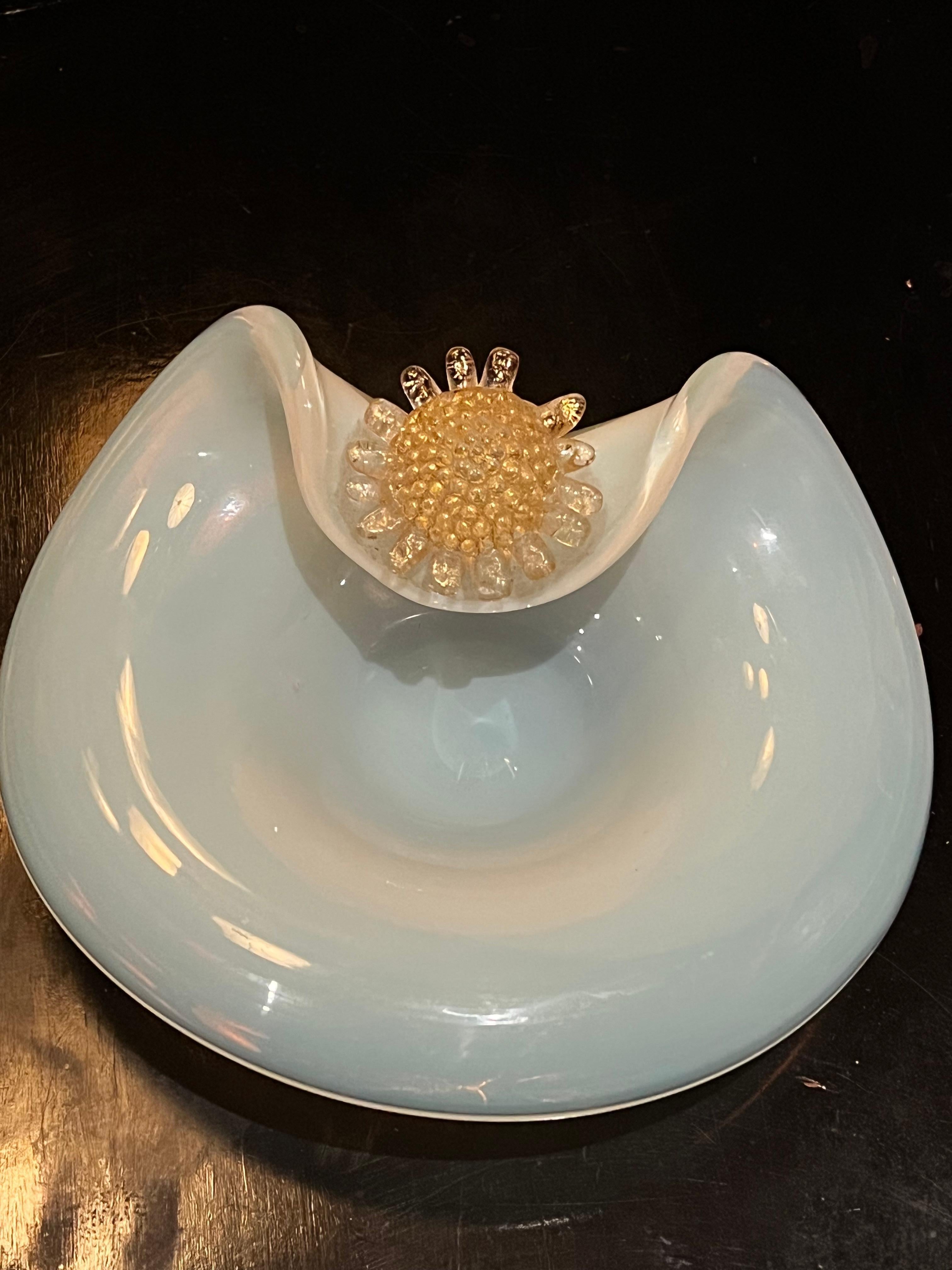 Mid-Century Modern Opaline Murano Dish or Bowl with 24k Gold Flower Detail For Sale