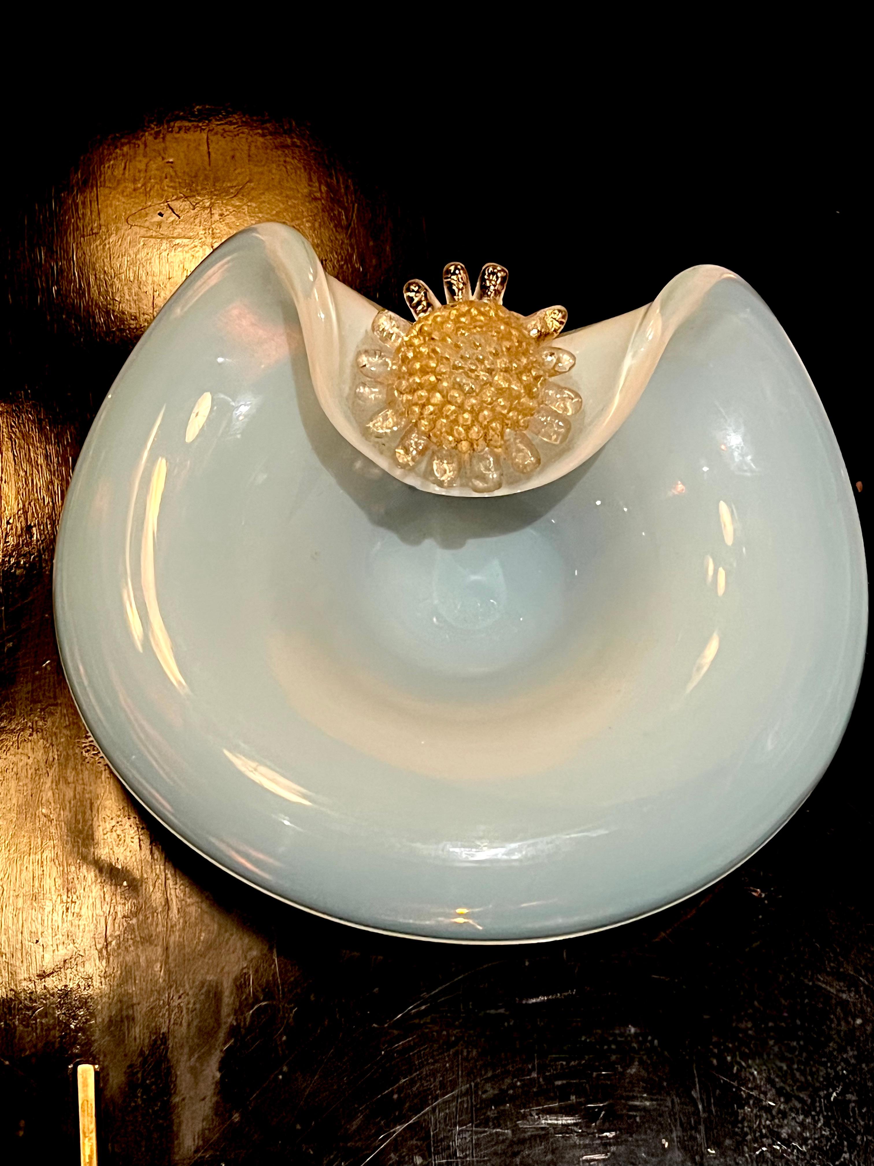 Italian Opaline Murano Dish or Bowl with 24k Gold Flower Detail For Sale