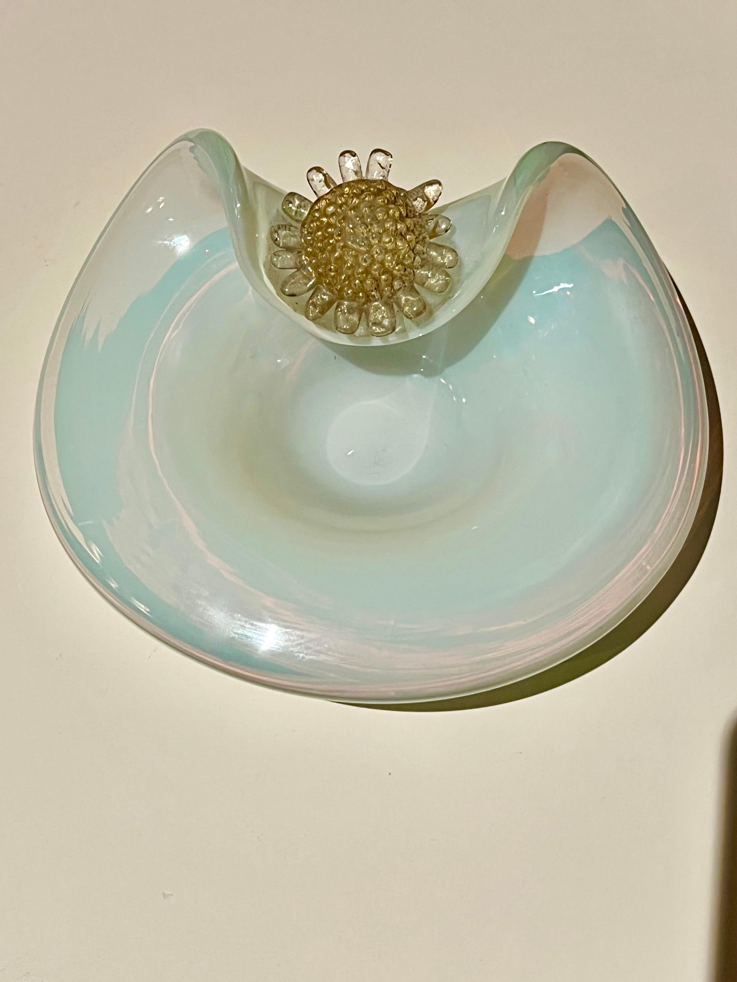 Hand-Crafted Opaline Murano Dish or Bowl with 24k Gold Flower Detail For Sale