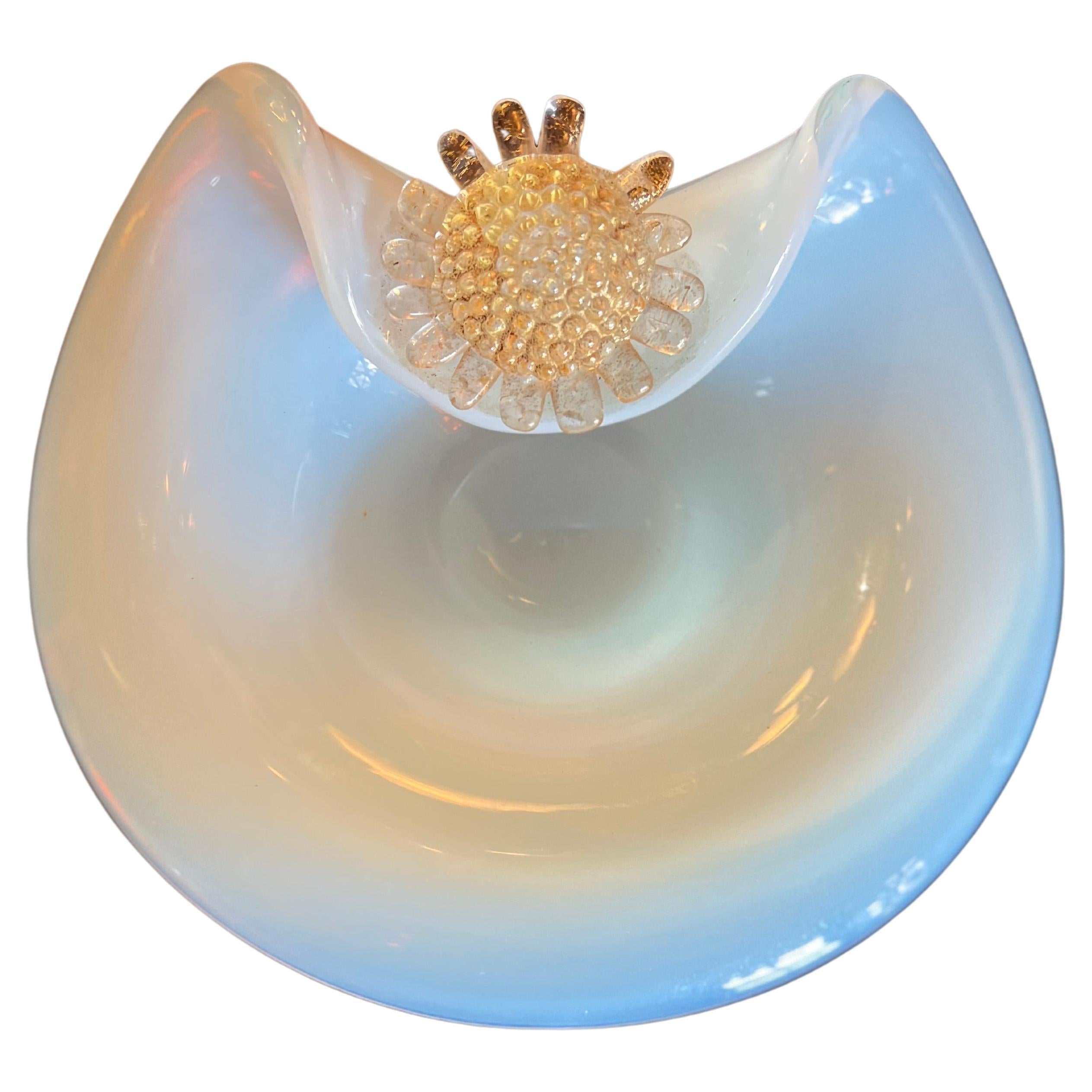 Opaline Murano Dish or Bowl with 24k Gold Flower Detail For Sale