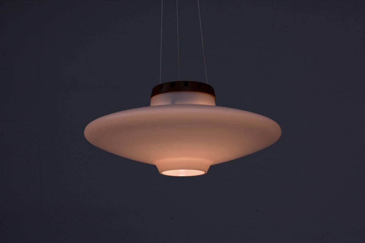 20th Century Opaline and Oak Pendant Lamp by Uno & Östen Kristiansson for Luxus, Sweden