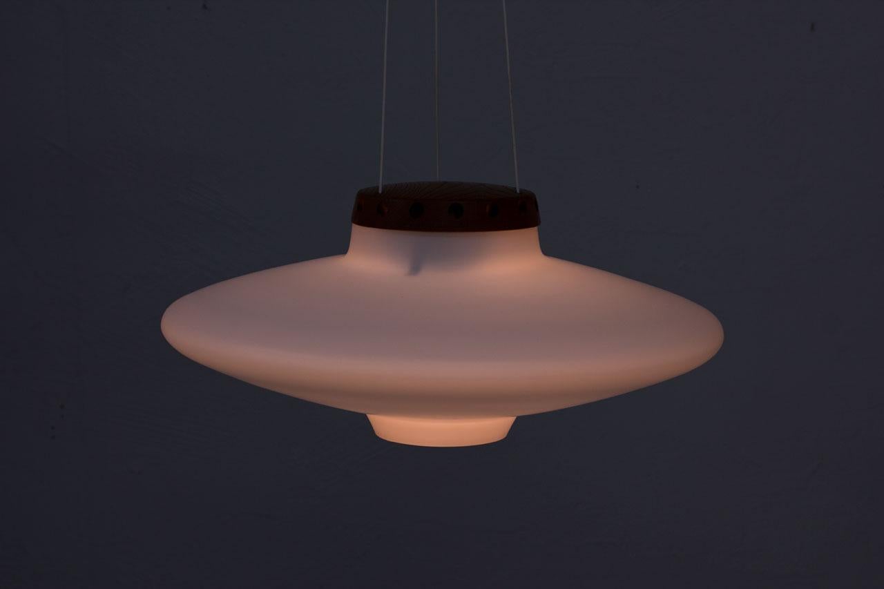 Opaline Glass Opaline and Oak Pendant Lamp by Uno & Östen Kristiansson for Luxus, Sweden