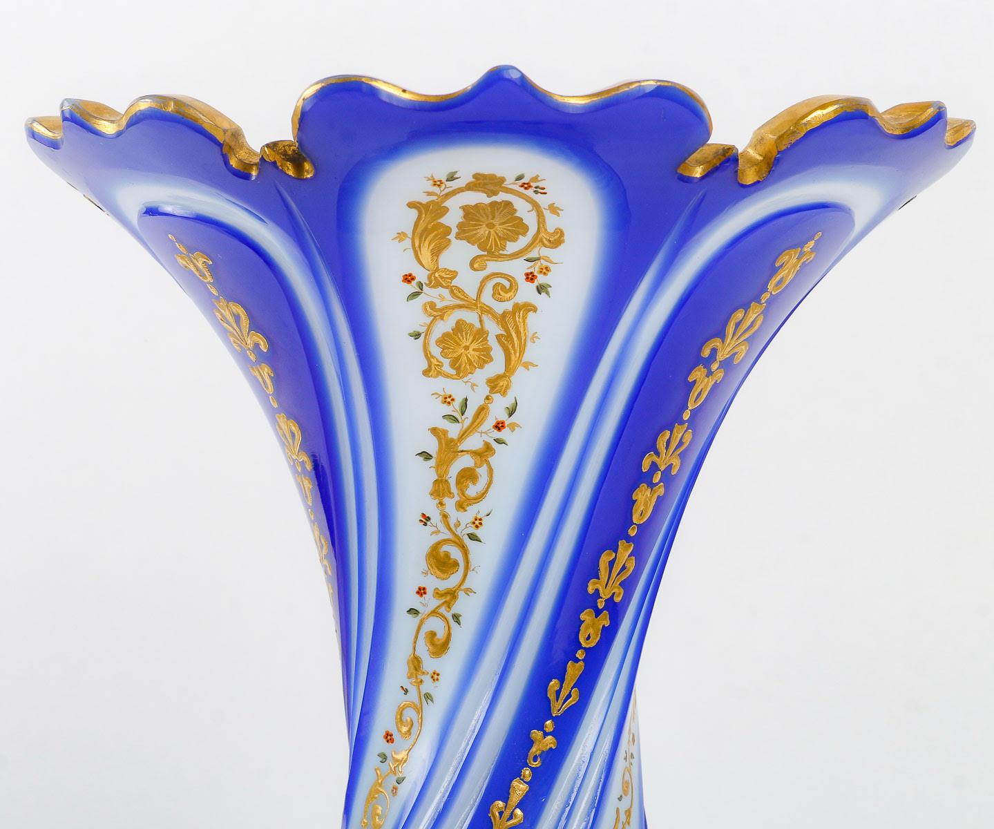 French Opaline Overlay Vase, Gold Enamelled, Napoleon III Period. For Sale