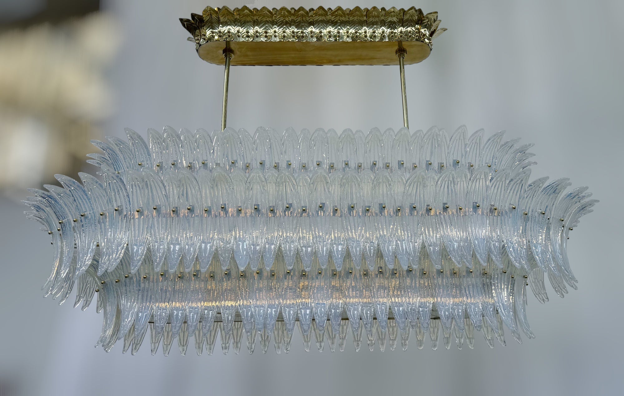 Lampadario italiano Palmette a tre ordini di foglie in vetro opalino di Murano montato su una struttura in ottone naturale non laccato con diffusori in vetro smerigliato sul fondo / Made in Italy
Lunghezza 66 pollici, larghezza 31,5 pollici, altezza