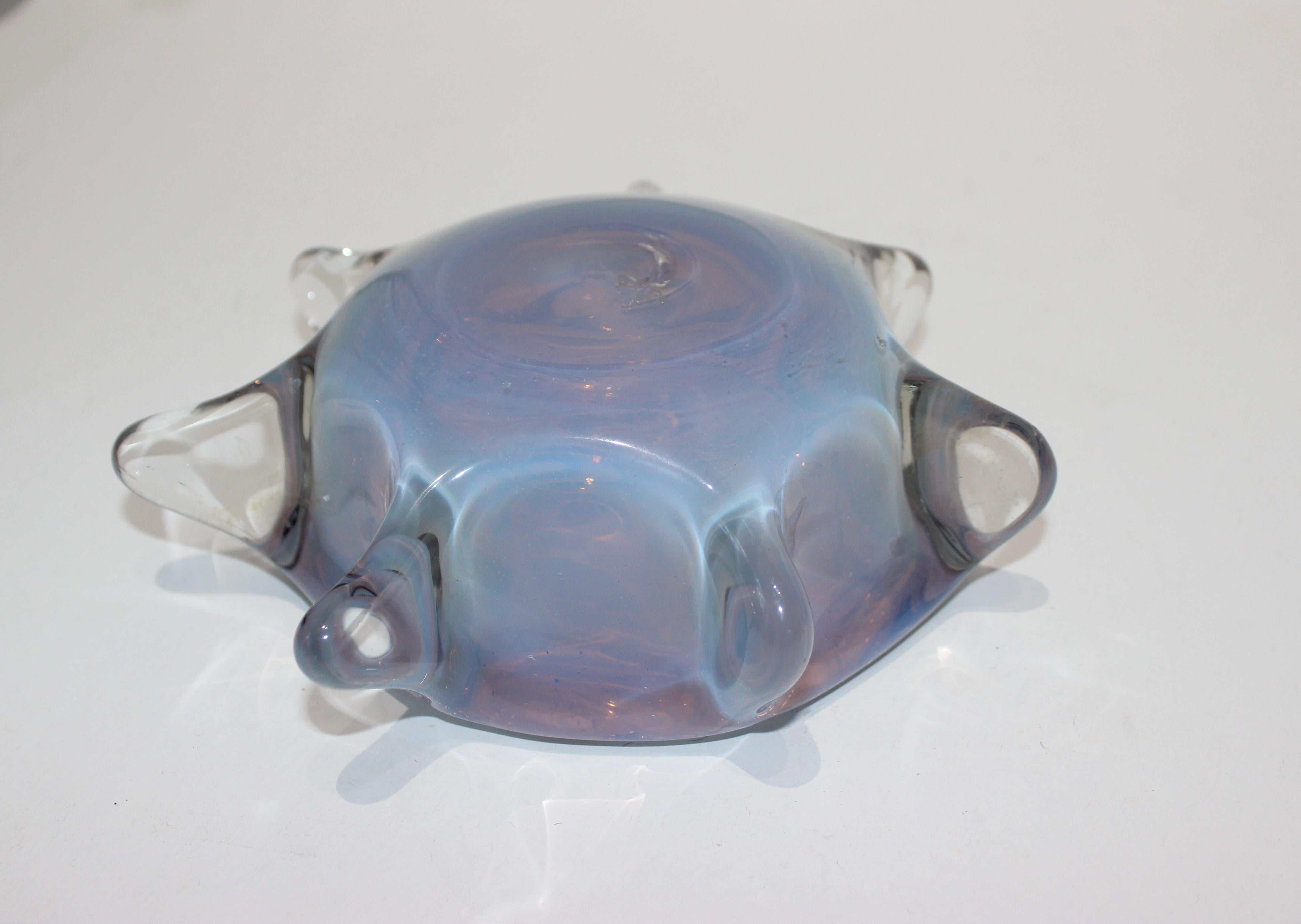 Mid-Century Modern opaline pinched glass bowl in subtle blue and amber tones. Hand blown -- pontil mark is on verso.

 
