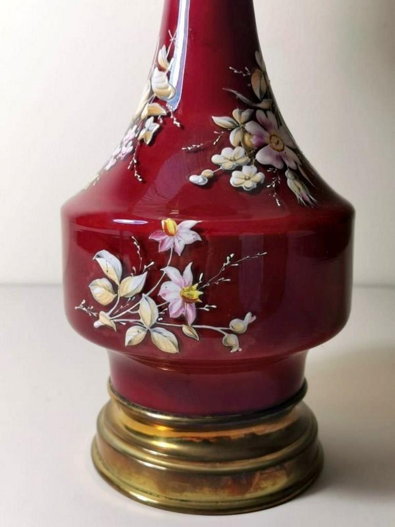 Napoleon III Style French Opaline Red Glass Lamp Decorated and Golden Brass Base 6
