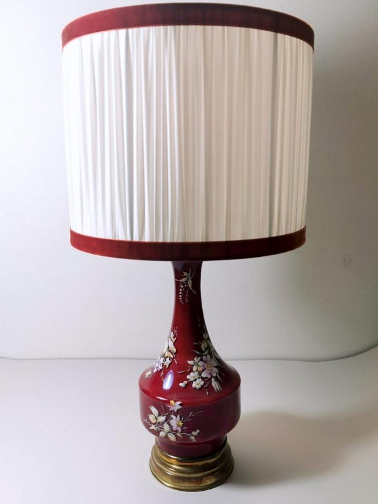 Napoleon III Style French Opaline Red Glass Lamp Decorated and Golden Brass Base 8