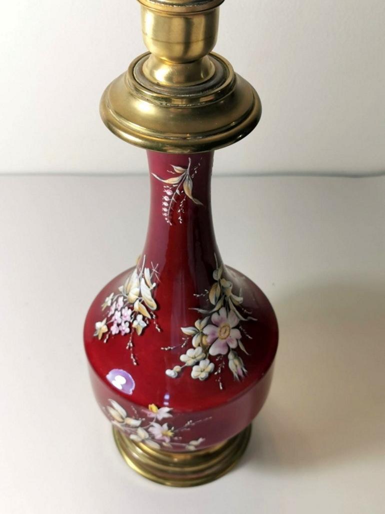 Hand-Painted Napoleon III Style French Opaline Red Glass Lamp Decorated and Golden Brass Base