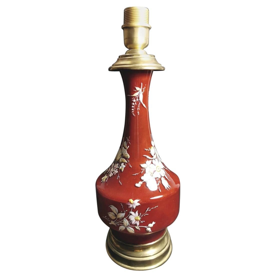 Napoleon III Style French Opaline Red Glass Lamp Decorated and Golden Brass Base