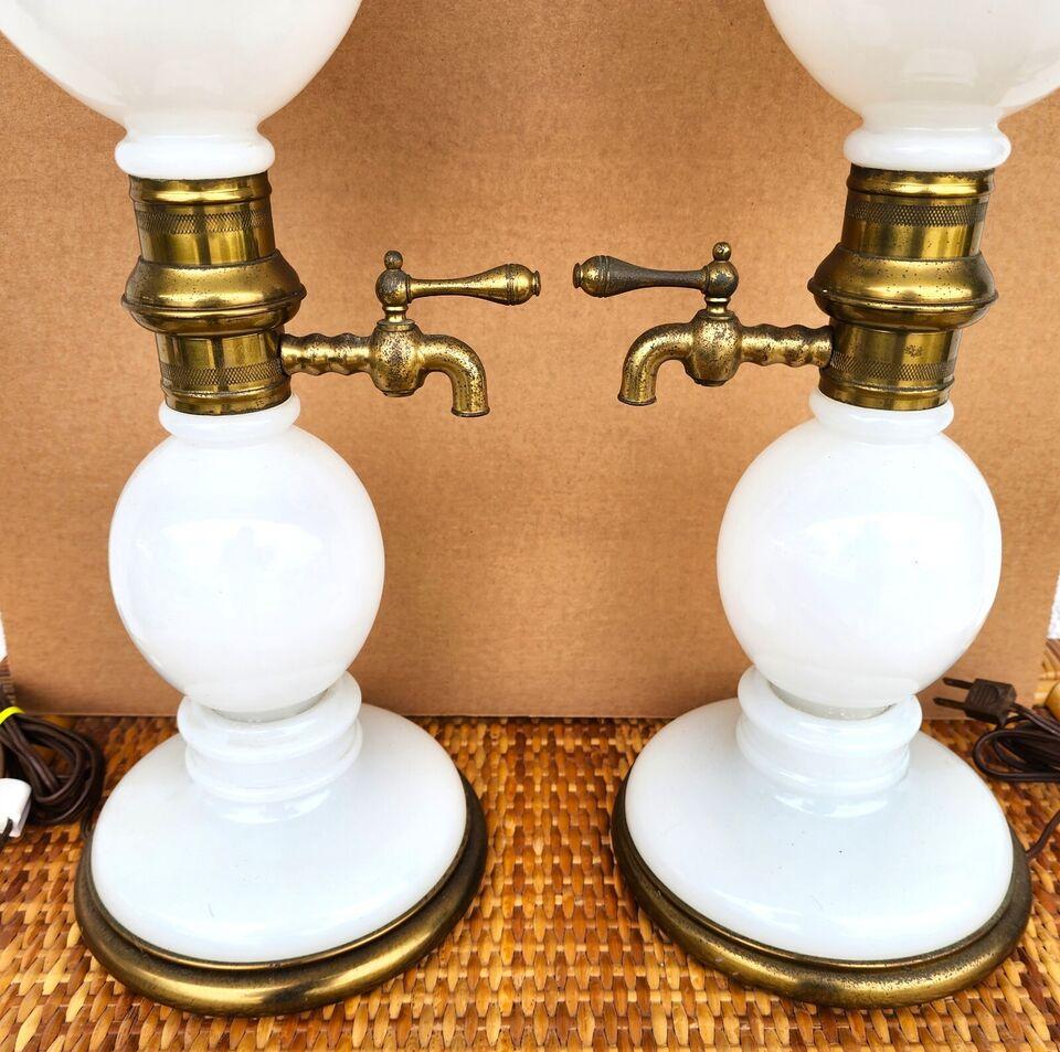 For FULL item description click on CONTINUE READING at the bottom of this page.

Offering One Of Our Recent Palm Beach Estate Fine Lighting Acquisitions Of A
Pair of Opaline and Brass Seltzer Bottle Table Lamps by Warren Kessler
With adjustable