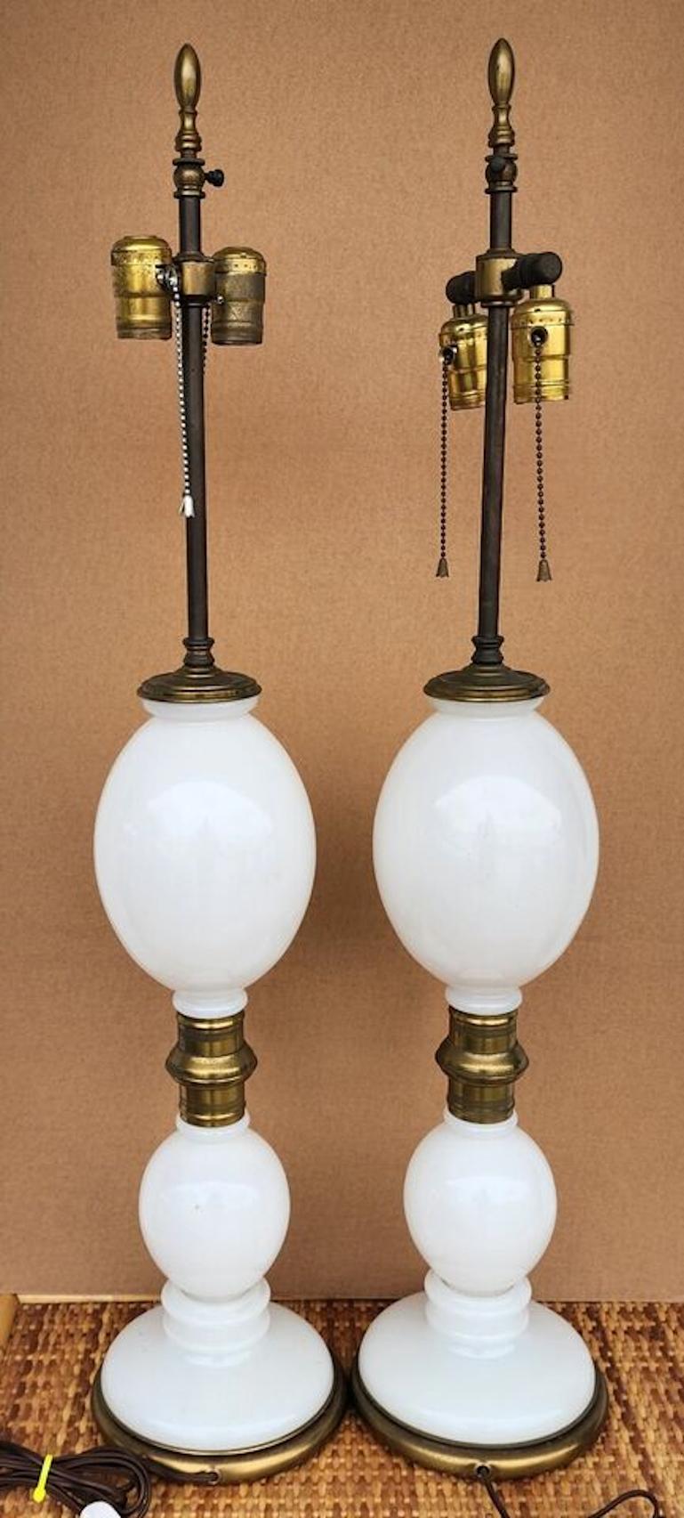 Brass Opaline Seltzer Bottle Lamps by Warren Kessler