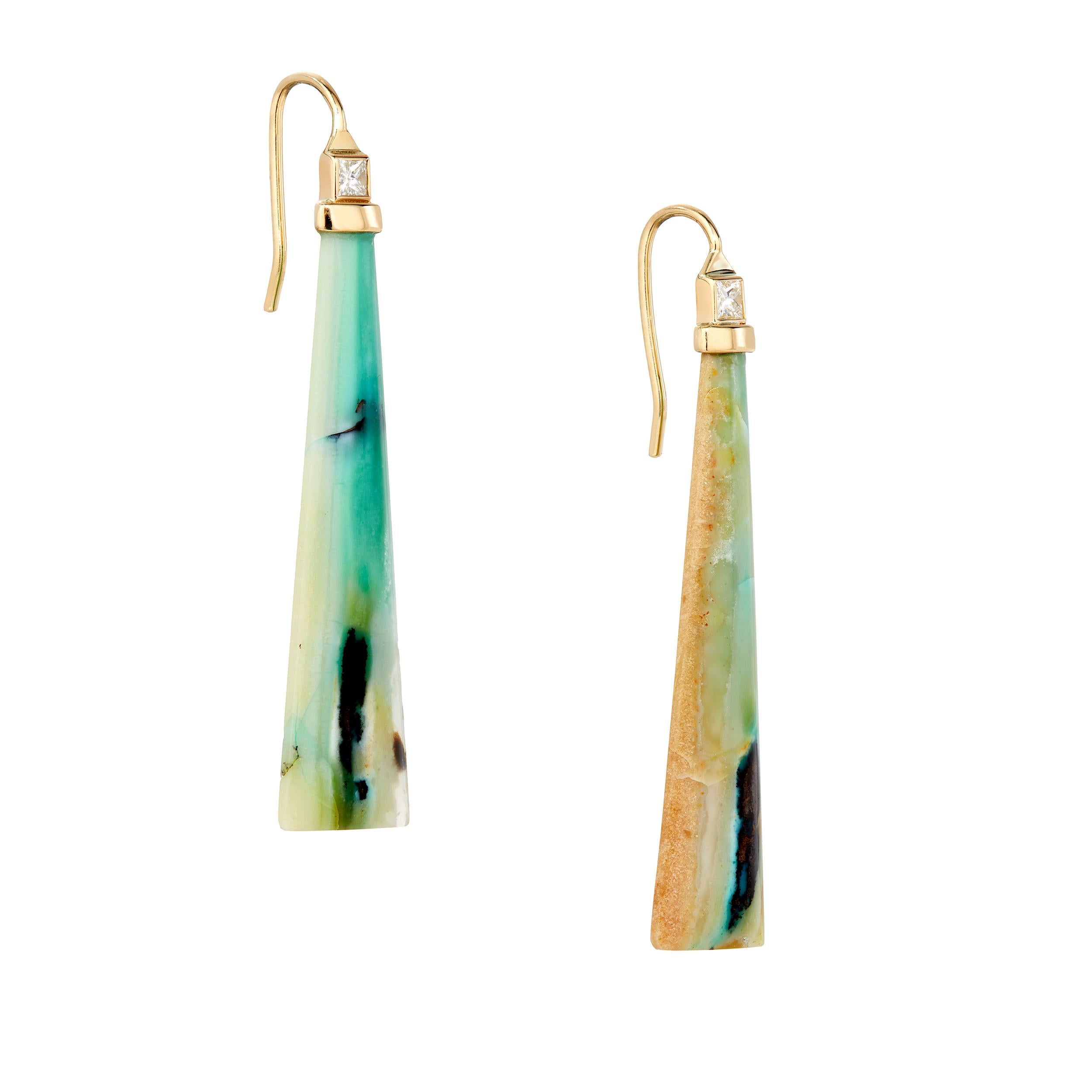 These earrings were inspired by a grounding material, petrified wood, made all the more beautiful by the green, blue opalized effect.  A natural wonder!  Versatile and lightweight.  You can hardly tell they are in your ear!

Blue Opal Petrified Wood
