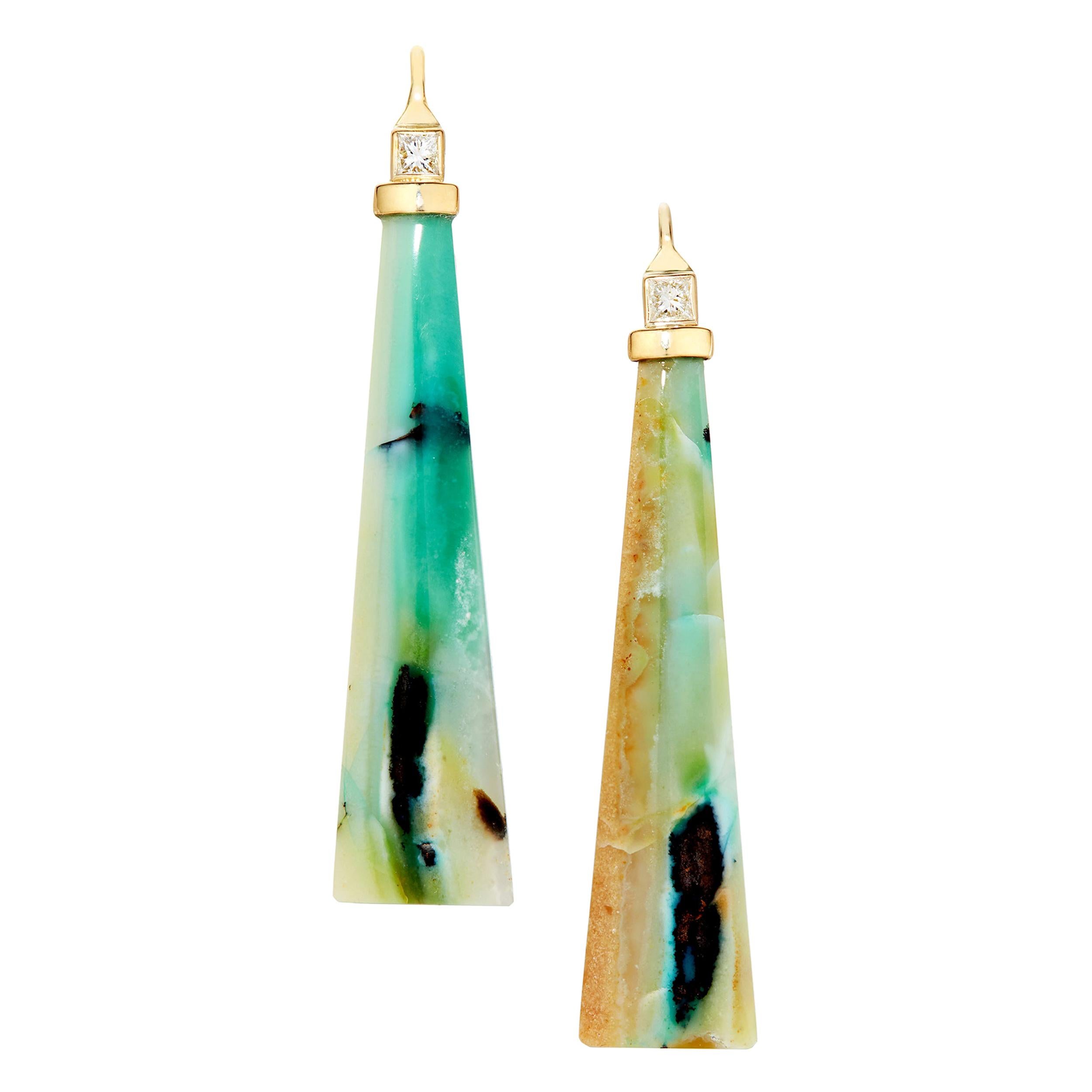 Opalized Petrified Wood and Princess Cut Diamond Earrings 18 Karat Yellow Gold