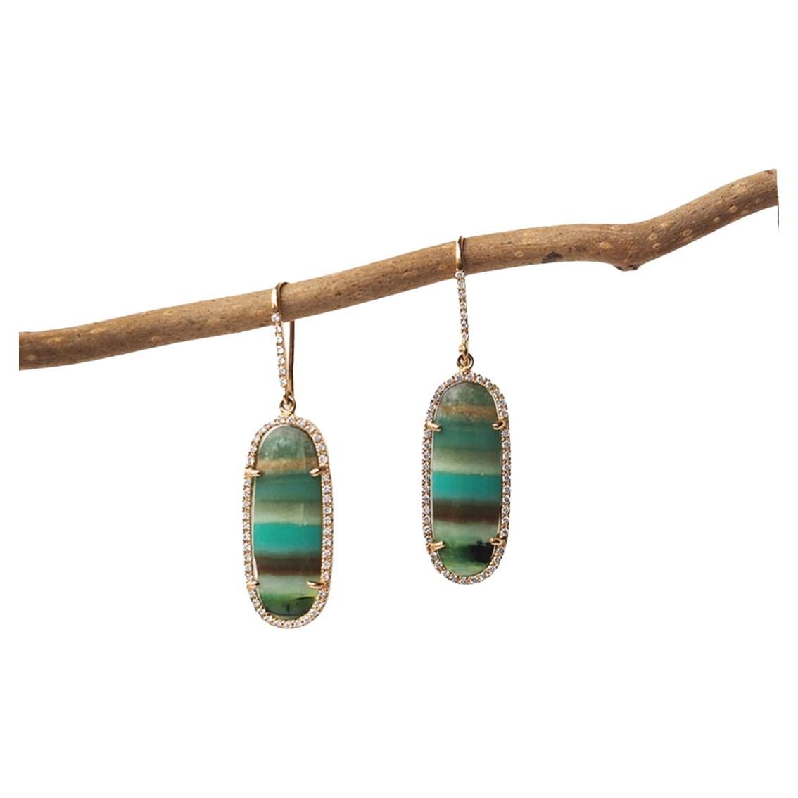 Opalized Petrified Wood 'Lagoon' Earrings, 18k rose gold, 0.61ct diamonds