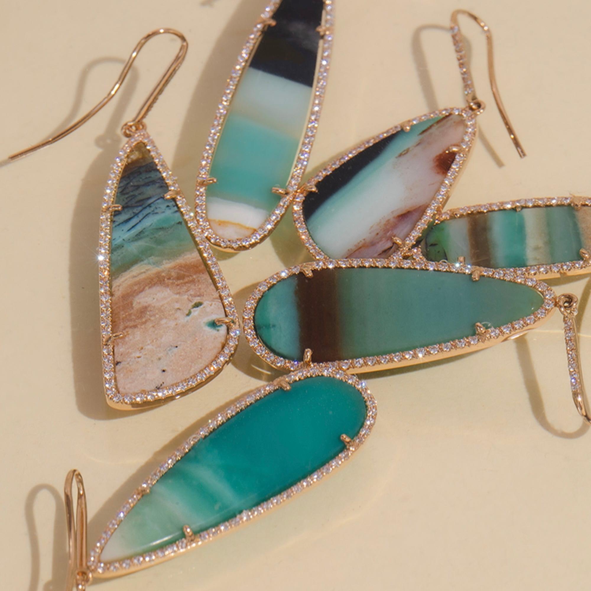 Contemporary Opalized Petrified Wood 'Lagoon' Earrings, 18k rose gold, 0.67ct diamonds For Sale