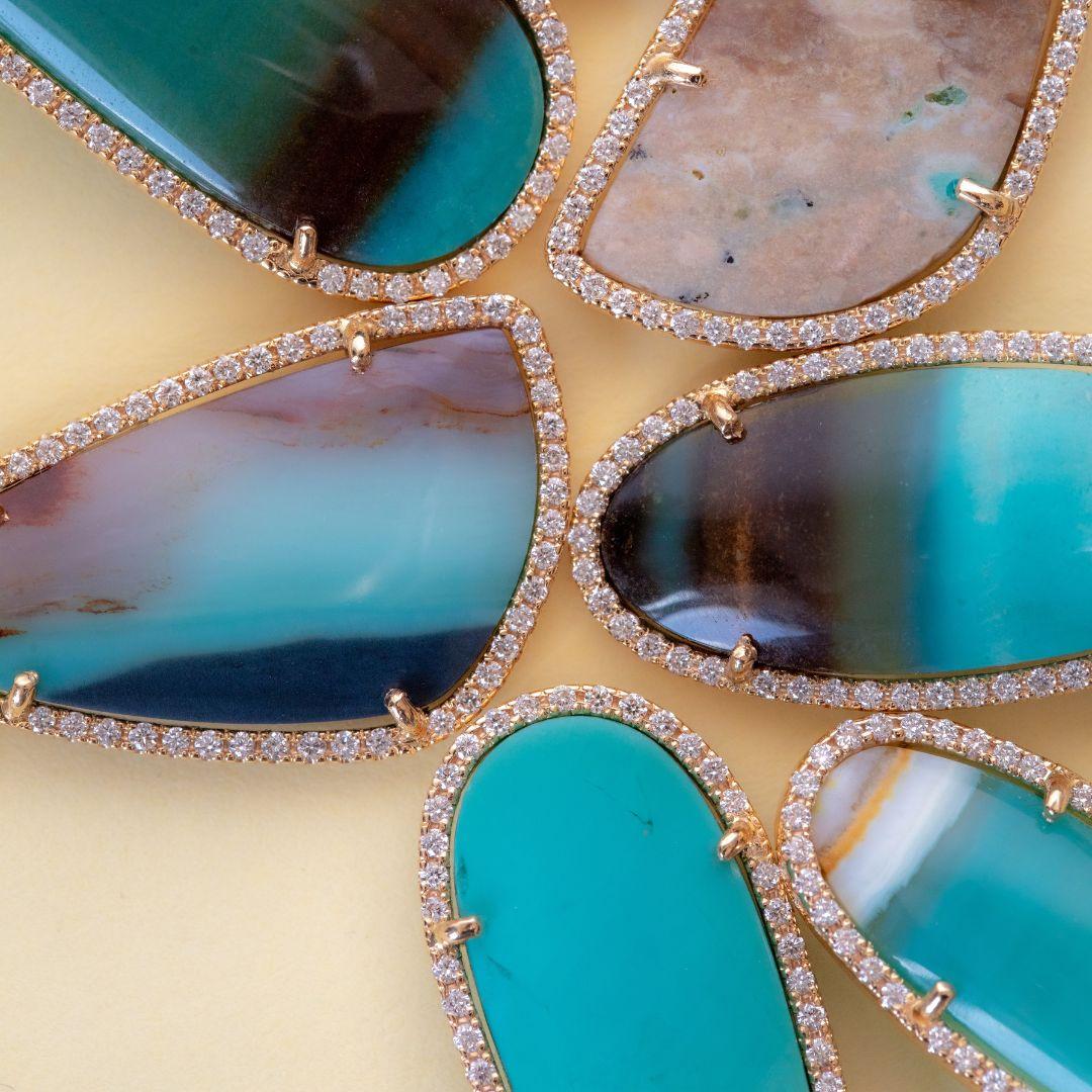 Cabochon Opalized Petrified Wood 'Lagoon' Earrings, 18k rose gold, 0.67ct diamonds For Sale