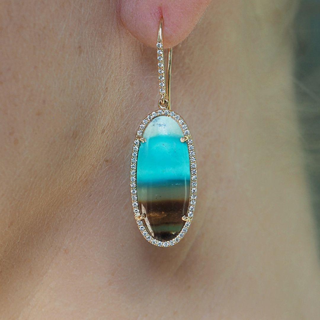 Opalized Petrified Wood 'Lagoon' Earrings, 18k rose gold, 0.67ct diamonds In New Condition For Sale In Brasschaat, BE