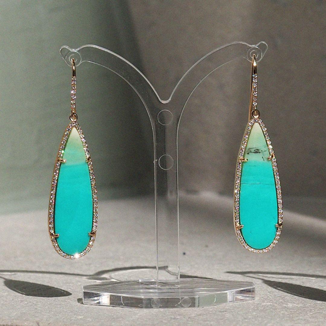 Contemporary Opalized Petrified Wood 'Lagoon' Earrings, 18k rose gold, 0.80ct diamonds For Sale