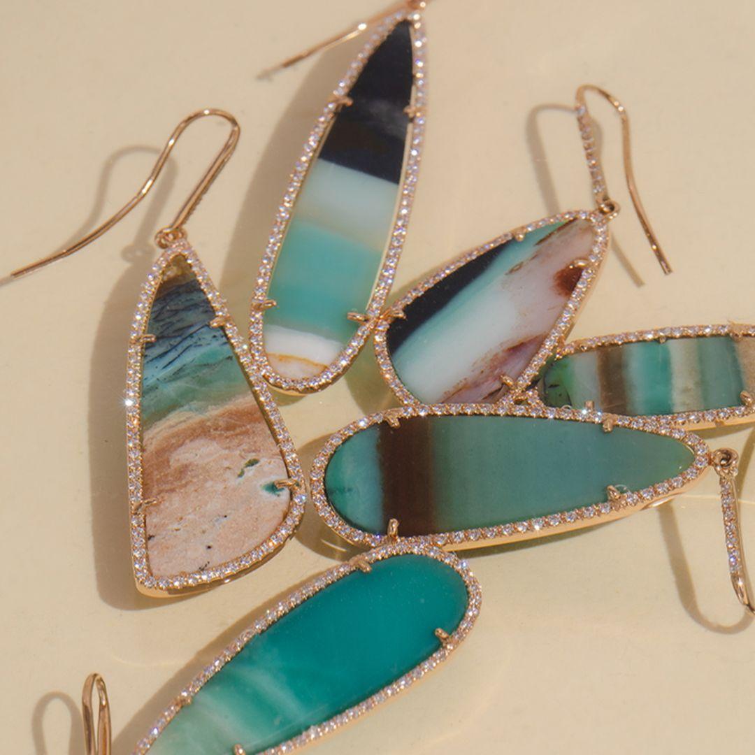 Cabochon Opalized Petrified Wood 'Lagoon' Earrings, 18k rose gold, 0.80ct diamonds For Sale