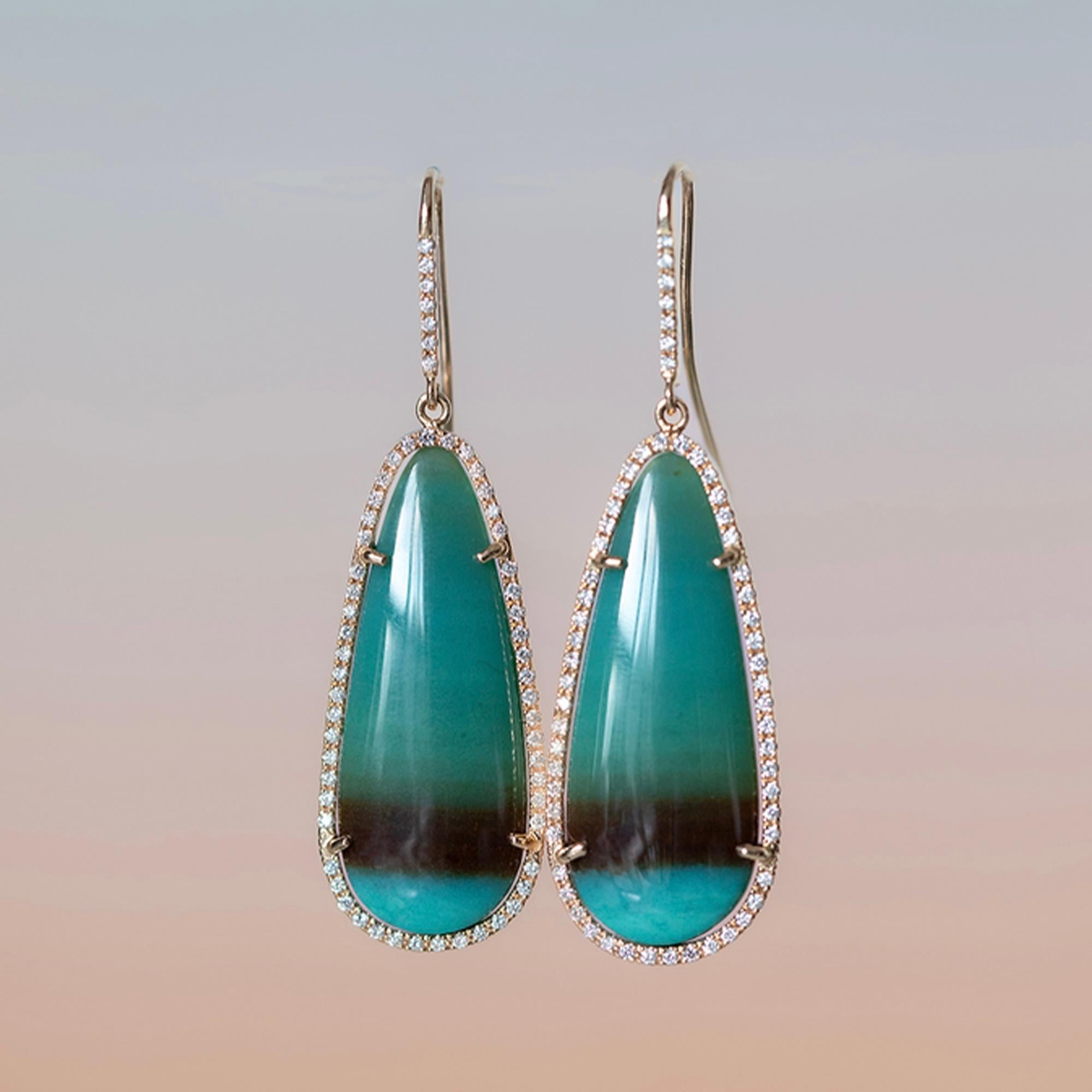 Contemporary Opalized Petrified Wood 'Lagoon' Earrings, 18k rose gold, 0.72ct diamonds For Sale