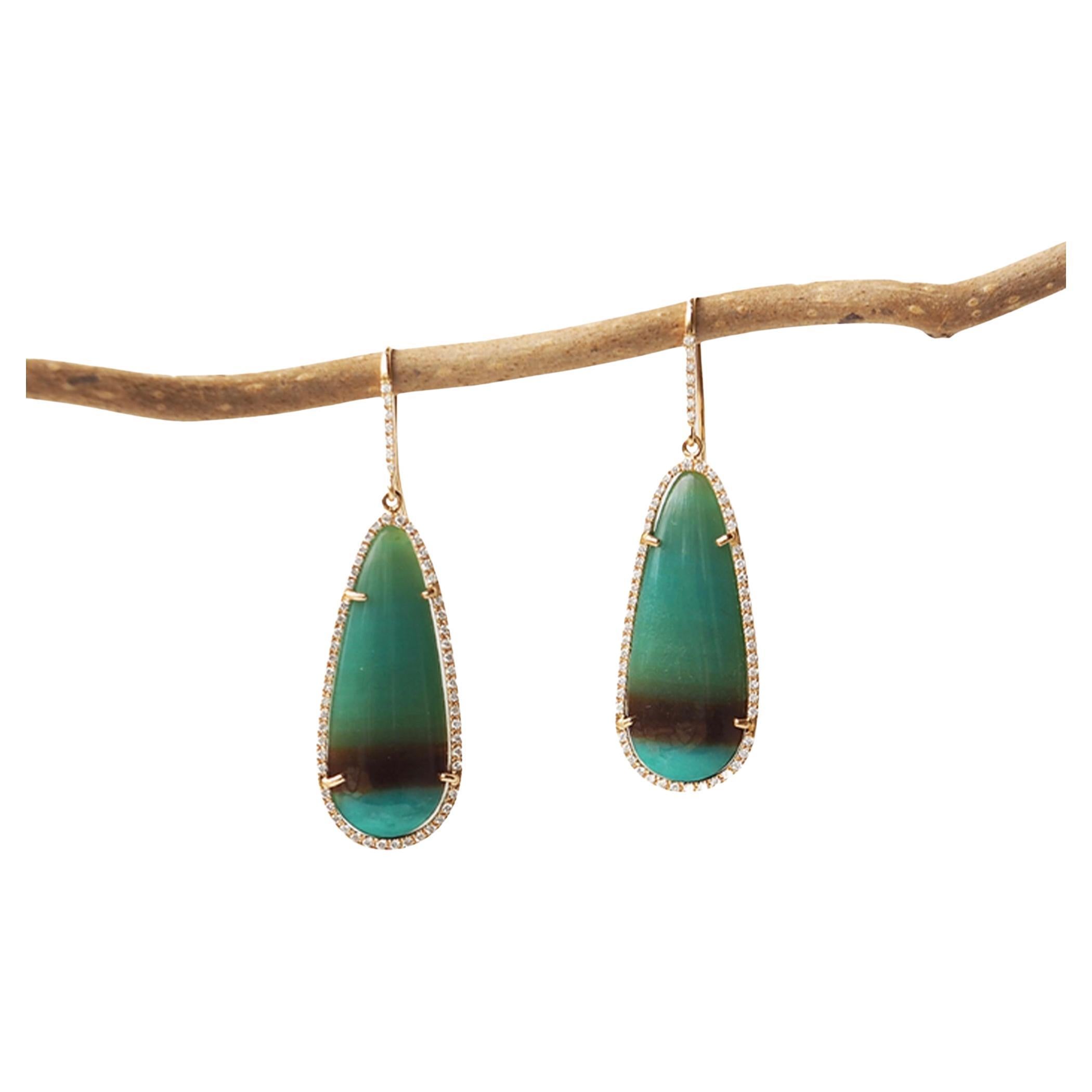 Opalized Petrified Wood 'Lagoon' Earrings, 18k rose gold, 0.72ct diamonds For Sale