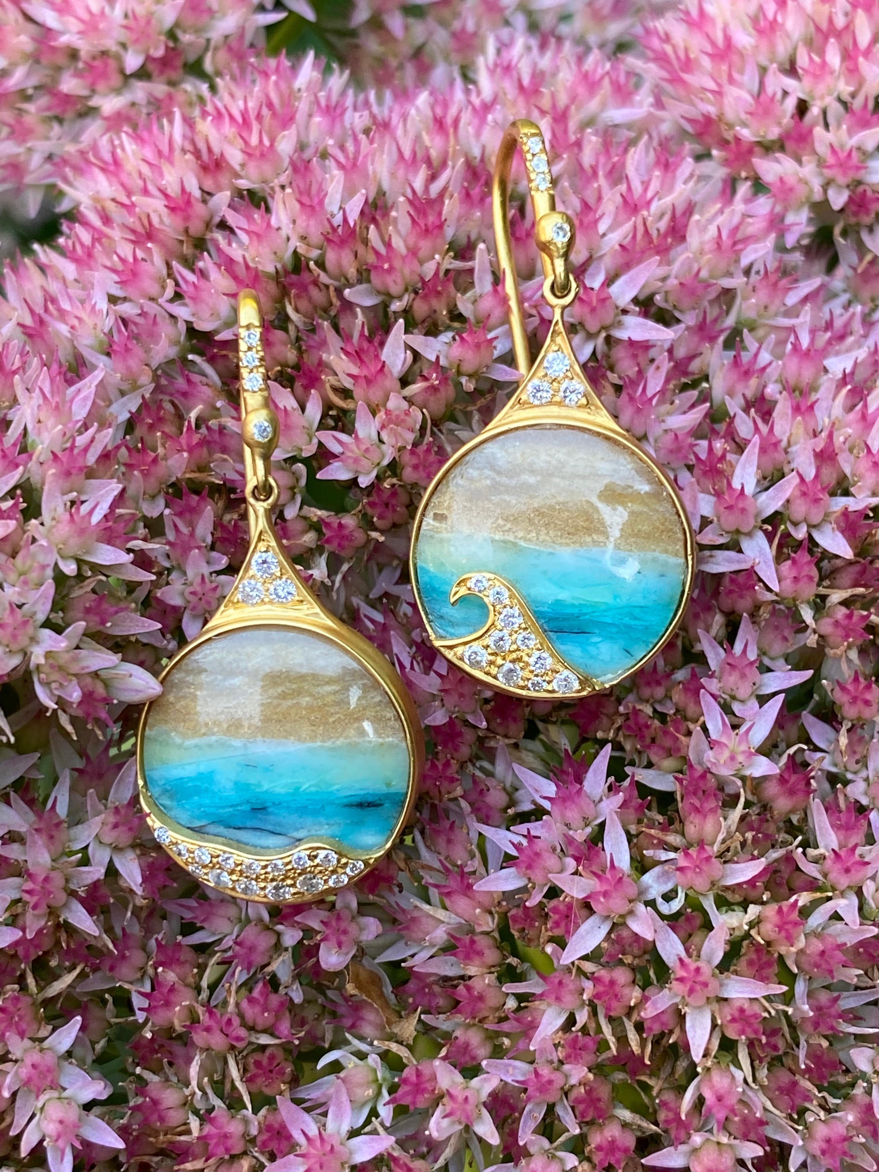 These Opalized Wood center stones are like looking at the beach and ocean, with Diamond waves set in a warm matte 18kt gold. Incredibly wearable, these earrings go with virtually any outfit and occasion. Lightweight and great for all day wear. Ships