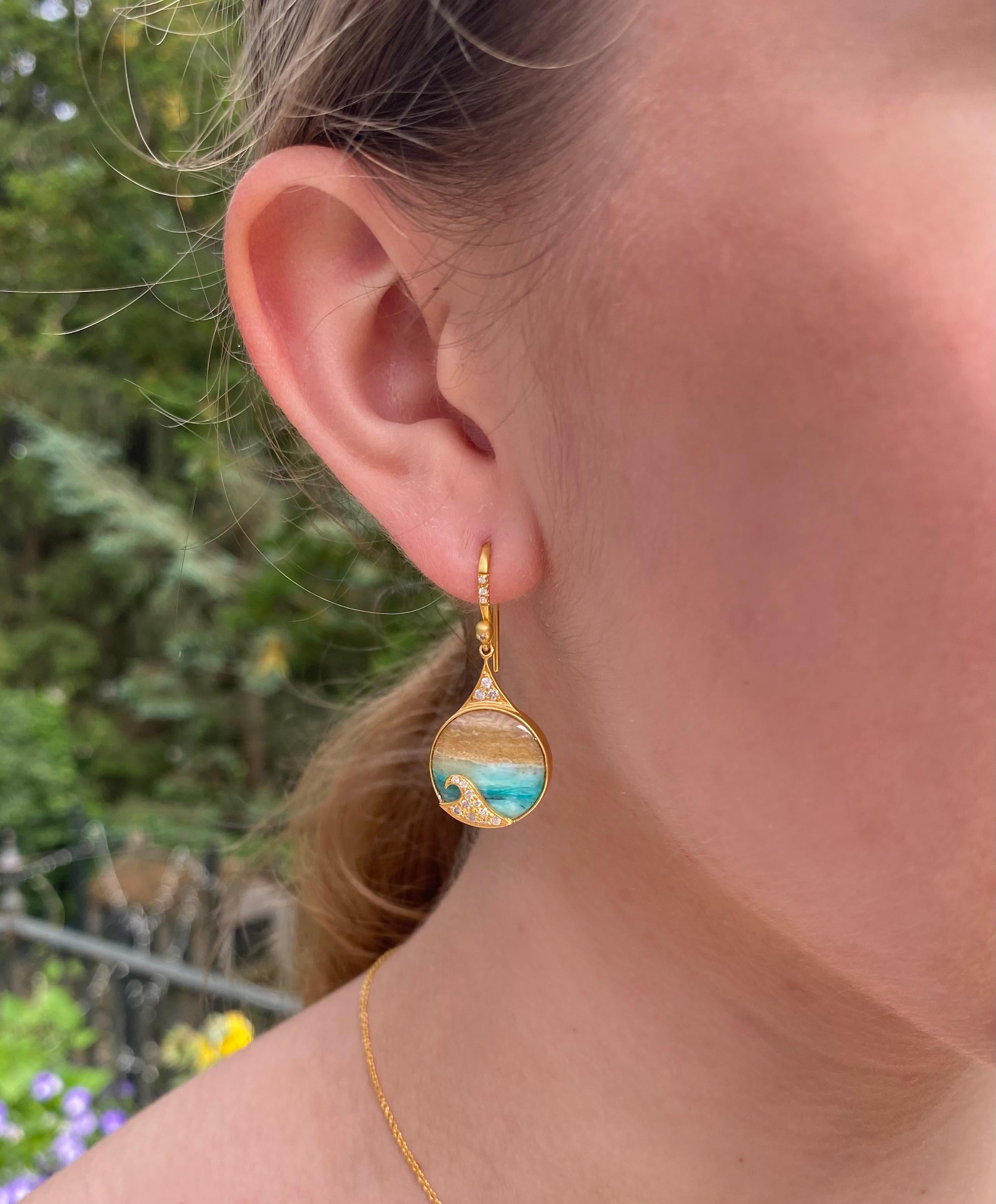 Contemporary Opalized Wood, Diamonds, 18kt Gold Earrings by Lauren Harper