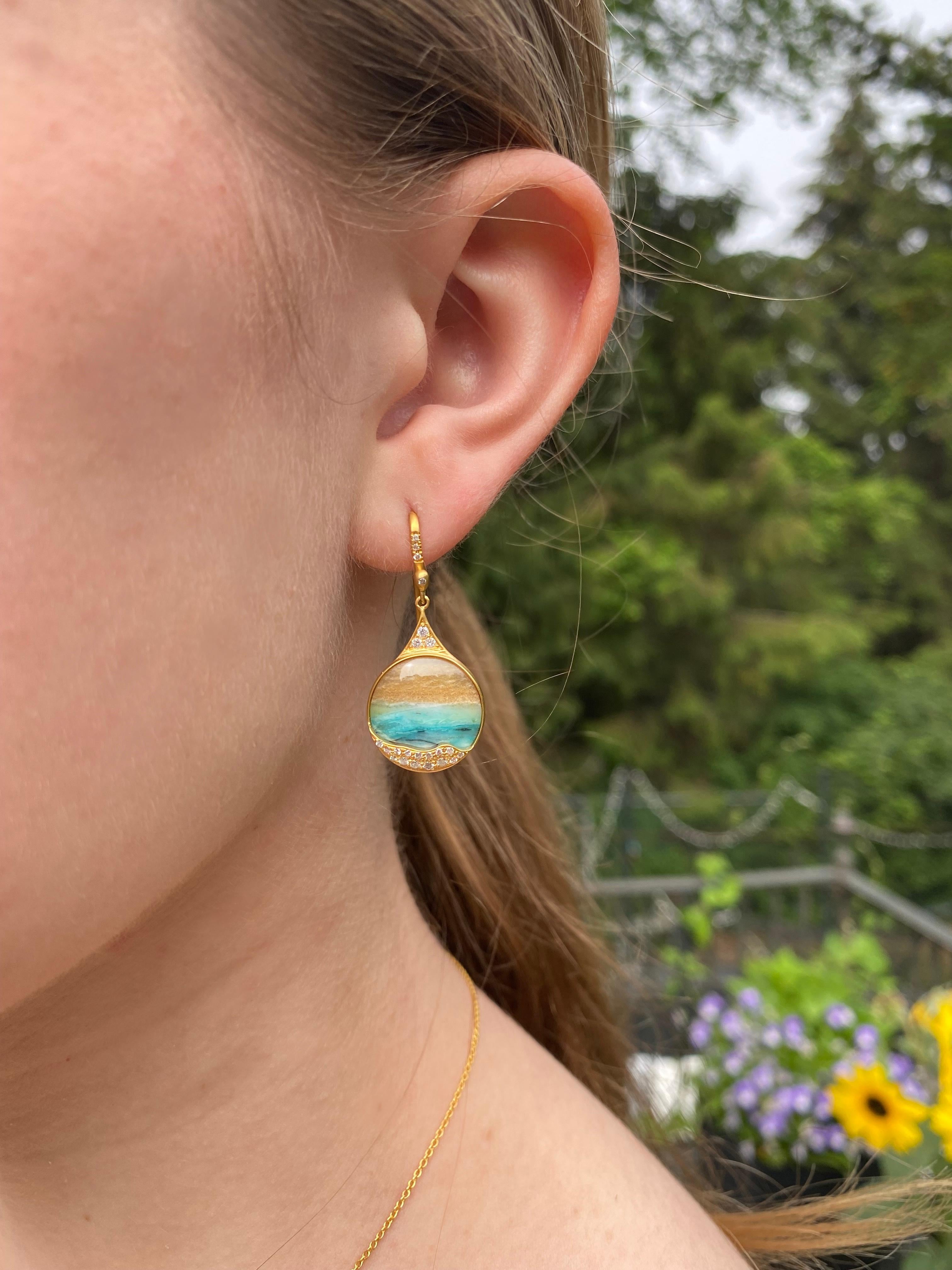 Round Cut Opalized Wood, Diamonds, 18kt Gold Earrings by Lauren Harper