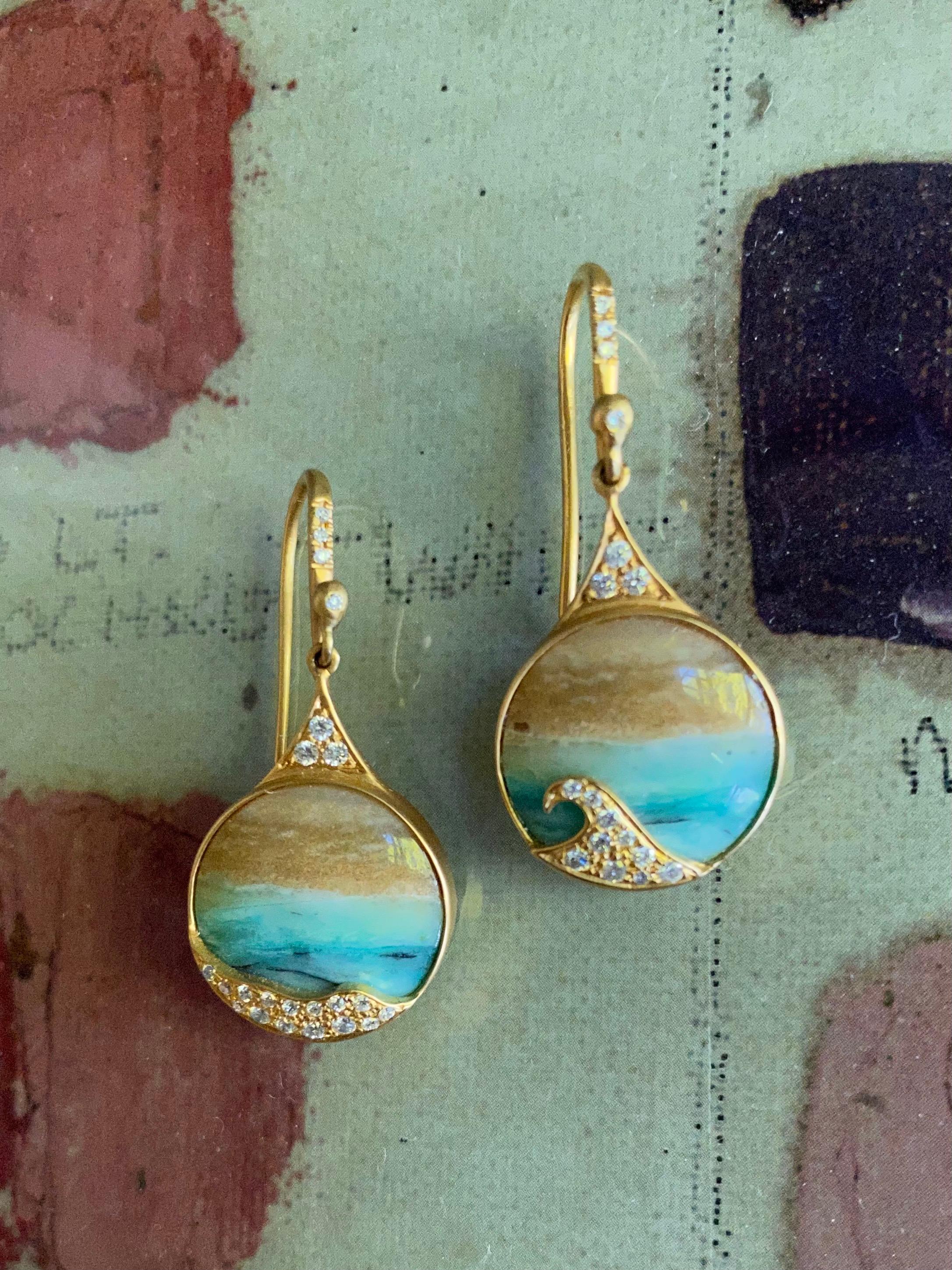 Opalized Wood, Diamonds, 18kt Gold Earrings by Lauren Harper 2