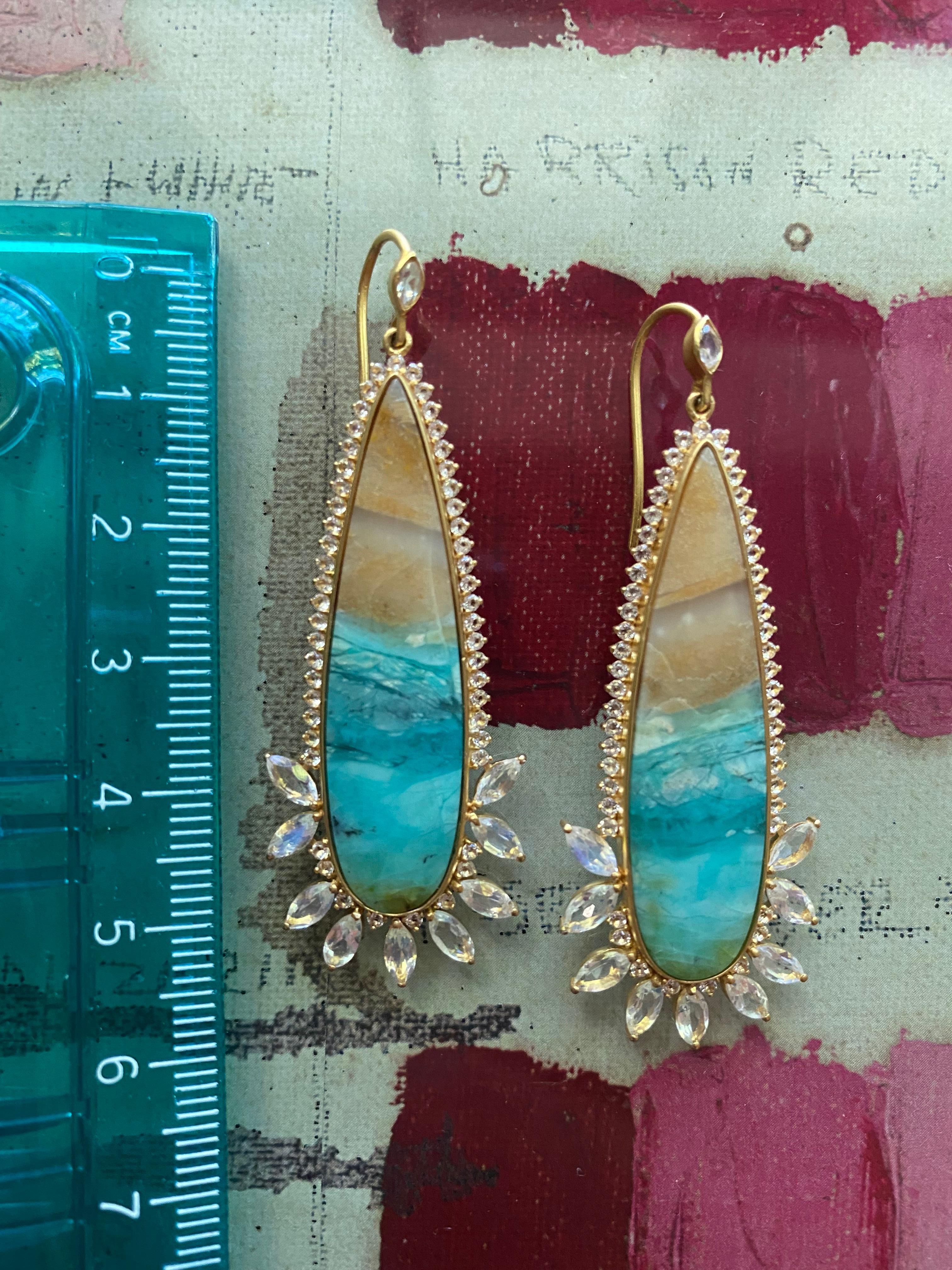 Opalized Wood, Rainbow Moonstone, Sapphire, 18kt Gold Earrings by Lauren Harper For Sale 3